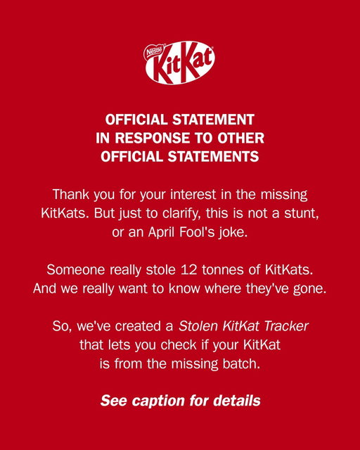 Thanks for all your support in tracking down the missing KitKats! 🔎🍫 Our tracker has uncovered leads, now being followed up by the relevant authorities. We truly appreciate the interest and engagement we have seen in the past months - and while we wait for the next update, it’s time to have a break 👏