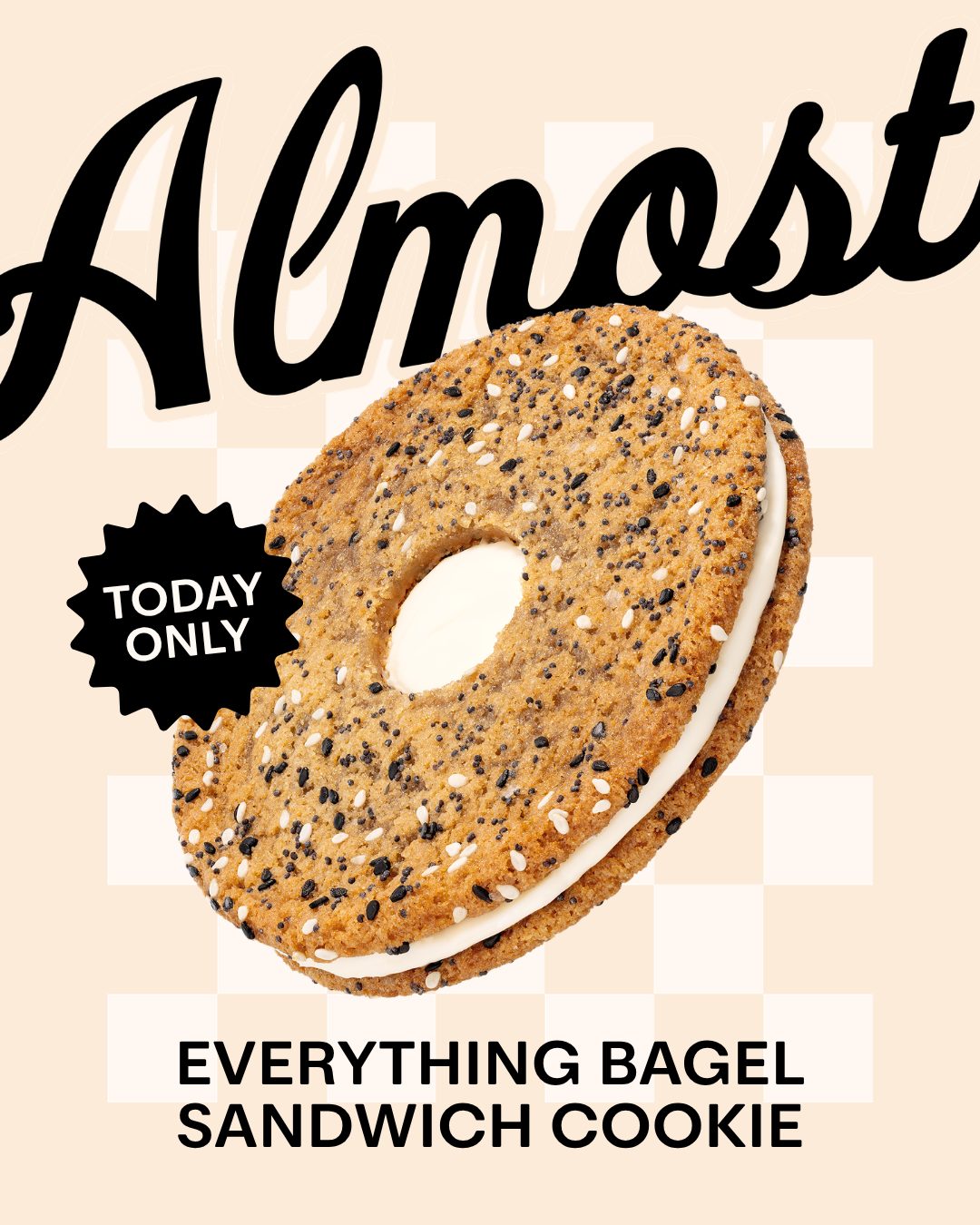 IT MAY BE APRIL FIRST BUT THIS IS NOT A JOKE! Schmear it is: everything you've been waiting for 🥯✨ Almost Everything Bagel Sandwich Cookie is here for ONE DAY ONLY.

Two buttery cookies, everything bagel seasoning, and a cream cheese filling. Love it or hate it, you have to try it. 🖤 The debate ends at closing time! ✌️ #Crumbl