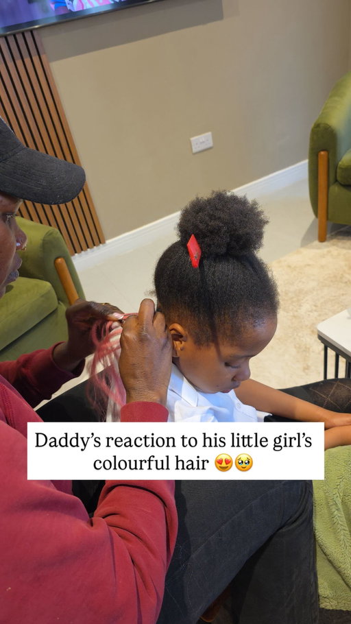 Daddy’s reaction to his little girl’s colourful hair is priceless 😂💕

Is there any colour this girl hasn’t tried on? Kindly suggest colours as we are running out for ideas 🤦🏽‍♀️🤣

If you’ve been following Kaira’s journey, you already know how much she loves coloured hair. She’s been asking for this since the start of the year, but I kept postponing it, saying we’d do it during the holidays… well, holiday is here and she finally got her dream hair💖

Honestly, I’m here for it because I know once she becomes a teenager, moments like this might disappear… or maybe not lol 🤣

We weren’t home when her hair was done. As soon as she saw us, she ran into the kitchen to hide so she could do her big reveal 😂. I love that she still enjoys these little moments after getting her hair done 🥹