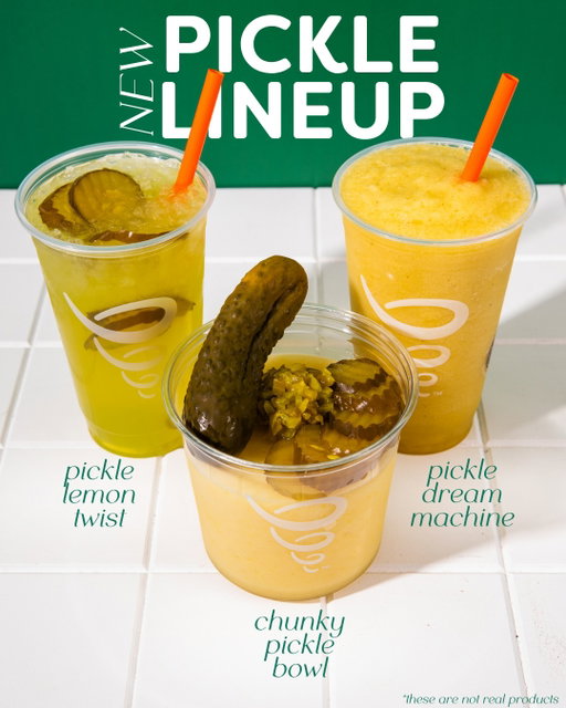 Blended and Brined 🥒

Introducing our NEW Pickle Lineup, featuring the Pickle Dream Machine smoothie, Pickle Lemon Twist over ice, and Chunky Pickle Bowl.

Coming to a Jamba near you never!
