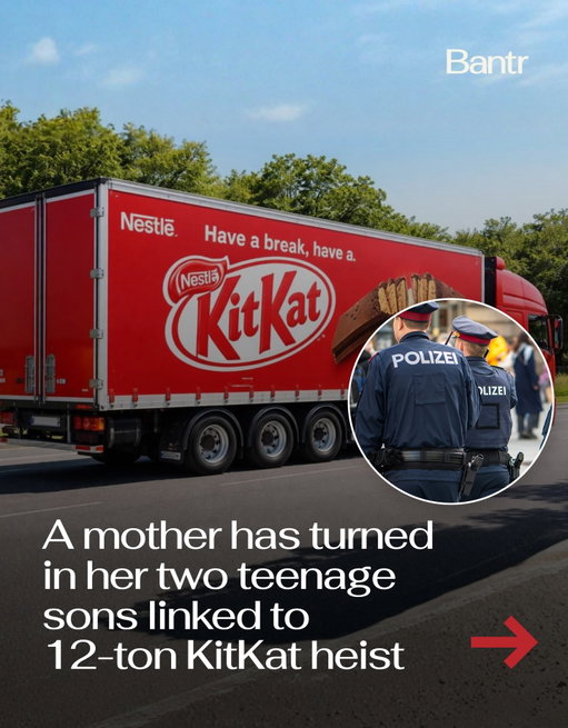 The KitKat heist just got a lot weirder. 

Authorities say the 12 tons of stolen KitKat bars have been recovered after a mother in Austria contacted police, claiming her two teenage sons were behind it.

The chocolate, more than 400,000 bars, was originally stolen from a truck traveling between Italy and Poland before disappearing entirely.

Police say the boys had been attempting to sell the bars through online marketplaces and local black market channels, with some already circulating in nearby towns.

The operation unraveled after their mother reportedly discovered the boys repeatedly covered in chocolate and complaining of stomach pain. 

She then found the truck parked on her own property, a large rural farm, and alerted authorities.

Honestly… getting turned in by your own mom might be worse than getting caught.

Media via Shutterstock/X

#readbantr #parents #mothers #kitkatheist #teenagers