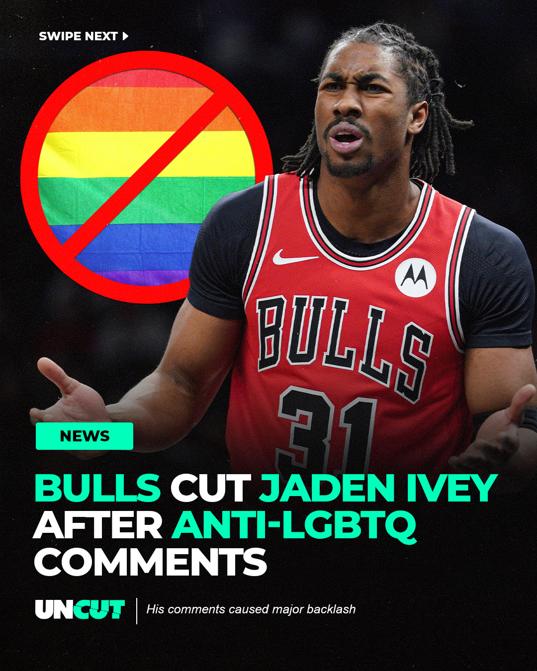 NBA player Jaden Ivey reportedly waived by the Chicago Bulls after backlash over his anti-LGBTQ comments 😳🏀⁠
⁠
Reports say the team cut ties citing conduct detrimental to the team, following videos where he criticized Pride Month and shared religious views that sparked major online reactions 📱⚖️⁠
⁠
What do y’all think⁉️👀