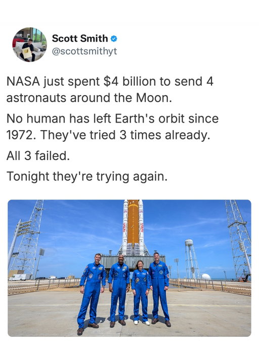 The last time humans left Earth’s orbit, the internet didn’t exist. YouTube didn’t exist. There was no way for a regular person to take a moment like that and build something from it. Tonight that’s different.

Artemis II is one of the most significant things to happen in our lifetime. Four people flying farther from Earth than any human ever has, on a mission 54 years in the making. The fact that we get to watch it live from our phones is wild enough on its own.

But what makes this different from every other historic event is that NASA already told us what’s coming next. Six more missions through 2035. Every one of them will pull the same massive attention that tonight’s launch will. That kind of visibility, in a niche that could change your life if you position yourself in it early — that doesn’t come around often.

I don’t create content. I study what’s already working in a niche, reverse engineer the titles and formats pulling the most views, and hand everything off to a team that handles scripts, editing, and thumbnails. I find the opportunity and the system turns it into a channel.

If you need help getting started, comment “NASA” below and I’ll walk you through the whole system.