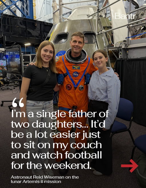 Having an astronaut dad is pretty dang cool.

Reid Wiseman is part of NASA’s Artemis II mission. But he’s explained the hardest part isn’t the flight. It’s what it takes away from his family.

He lost his wife in 2020 and is now raising two daughters on his own, and admitted the mission can feel “selfish” because of the stress it puts on loved ones.

Still, he says it’s an opportunity he couldn’t pass up. Good luck out there, space cowboy.

By the way, we have a weekly newsletter rounding up all of the biggest stories so you don’t have to. One newsletter, once a week. Link in bio.

Media via NASA / @astro_reid

#bantrparents #artemisii #lunarmission #astronauts #dad