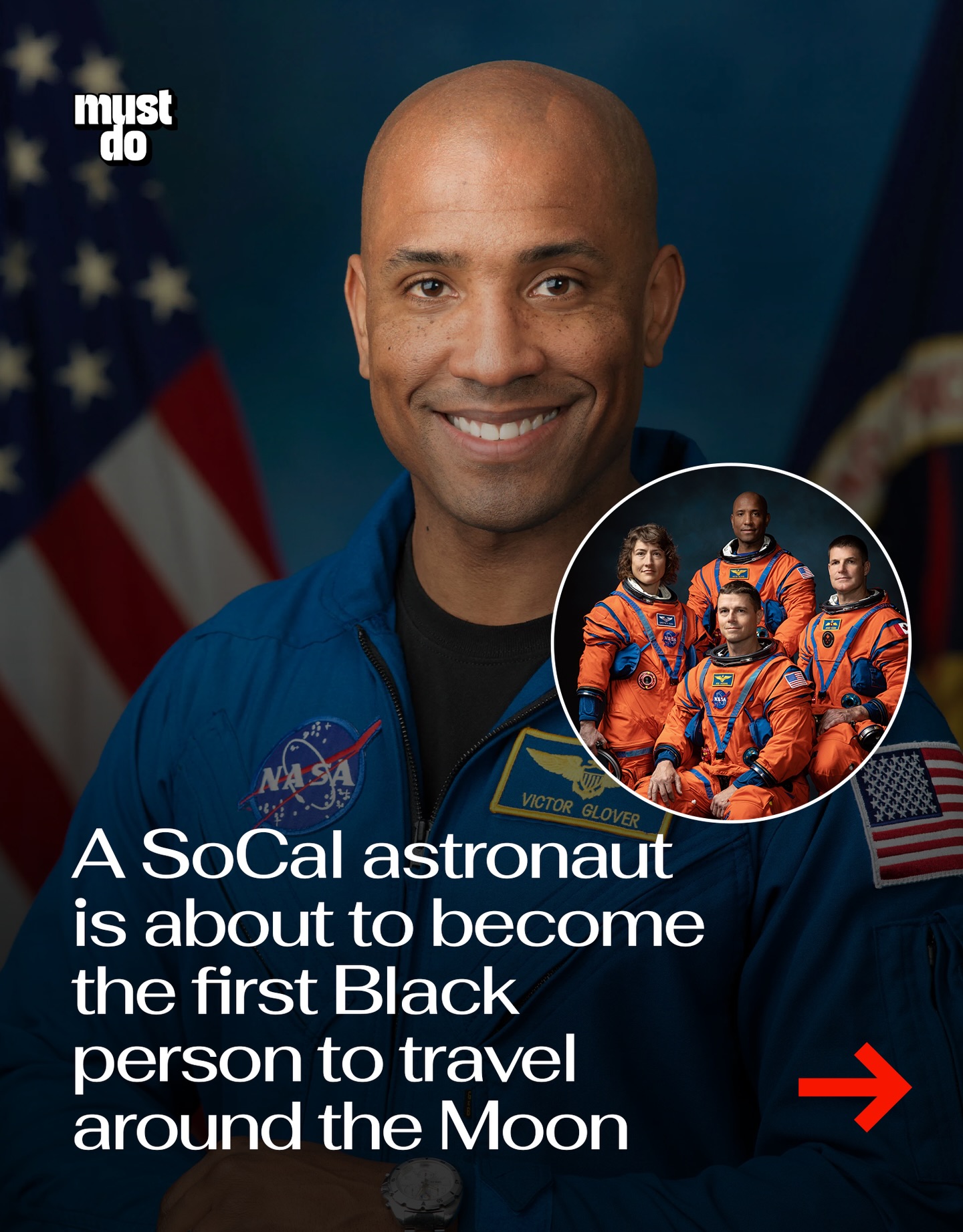 LA County to the Moon.

Victor Glover, a Pomona native, is set to become the first Black astronaut to travel around the Moon as part of NASA’s Artemis II mission.

He started out studying engineering at Cal Poly, went on to become a Navy pilot flying combat missions, and eventually logged over 3,500 flight hours before joining NASA.

In 2021, he spent six months aboard the International Space Station.

Now he’s heading into deep space.

Not a bad trajectory.

By the way, we have a weekly newsletter with what’s worth knowing about and doing in Los Angeles. One newsletter. Once a week. Link in bio.

Media via NASA

#mustdolosangeles #victorglover #nasa #artemisii