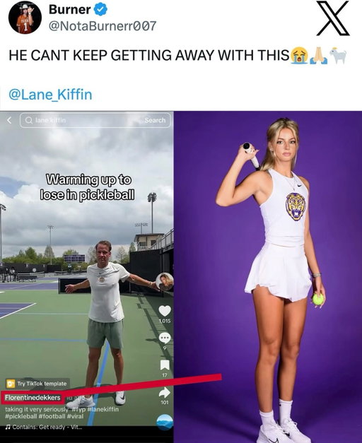 Lane Kiffin is back up to his old TikTok tricks. 

After recently doing TikTok videos with former LSU gymnast Livvy Dunne & Miami basketball’s Cavinder twins, Kiffin recently played pickleball & collaborated on TikTok with LSU women’s tennis player Florentine Dekkers. 

Either Lane Kiffin is going to win a national title at LSU or he’s going to flame out faster than Brian Kelly — there’s no in-between. 🐯

👉 Follow @CollegeSportsOnly For More! 🏈 

#ncaa #football #collegefootball #cfb #sec