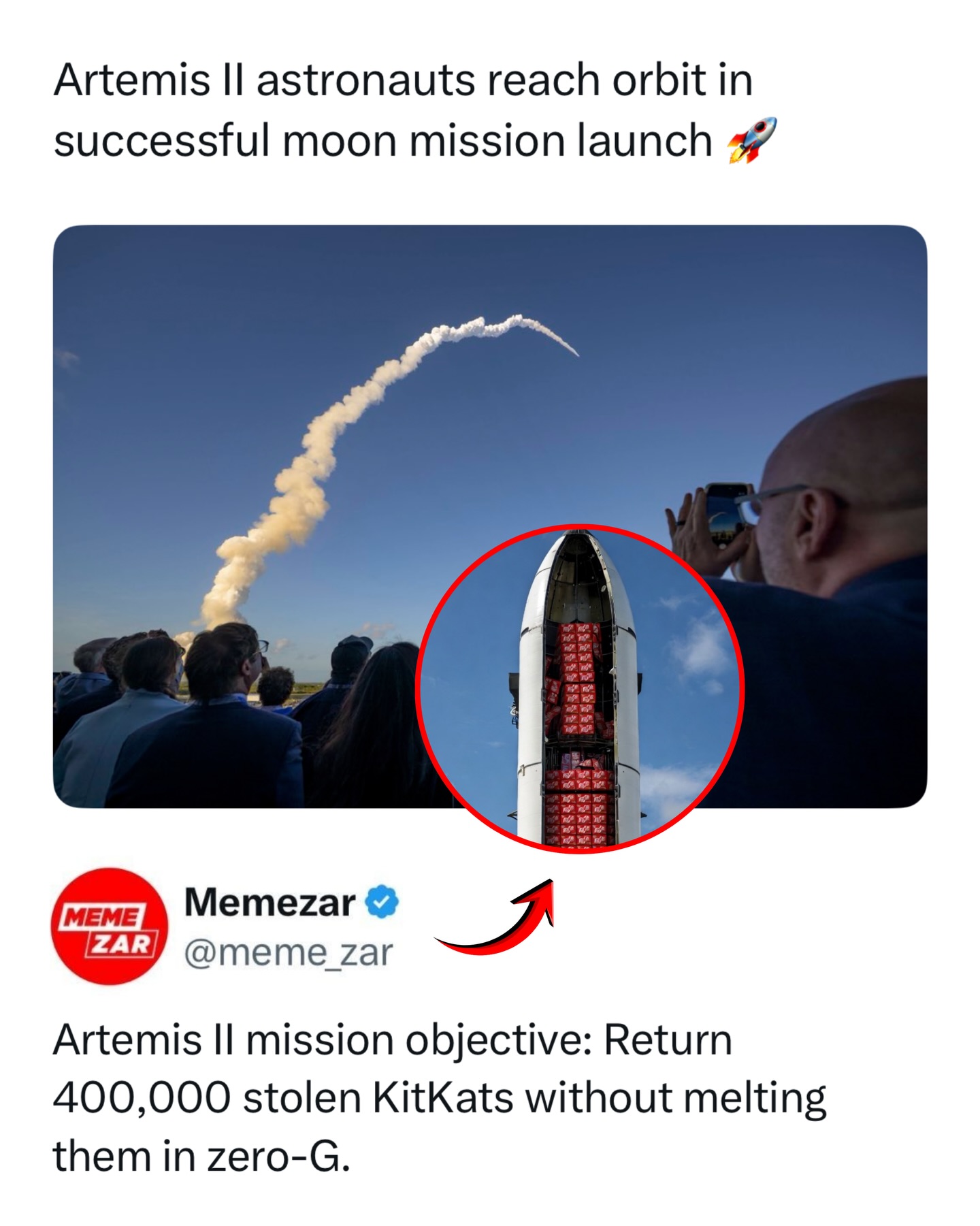 This mission just got a whole lot more important 😭

NASA’s Artemis II just successfully launched with four astronauts onboard, marking the first time humans have gone beyond low Earth orbit since the Apollo era. Right now, they’re orbiting Earth running system checks before heading toward the Moon, basically proving everything needed for future lunar missions actually works in real conditions.

What makes this even crazier is what comes next… this isn’t the destination, it’s the setup. This mission is laying the groundwork for humans returning to the Moon and eventually pushing even further to Mars, meaning we’re officially stepping back into deep space again.

Like this content? Follow @memezar for more ❤️

#memezar #spacememes #nasa #artemisii #kitkat