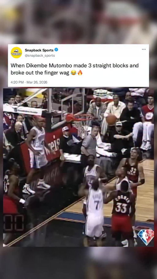 Dikembe Mutombo’s iconic finger wag 😂🔥

At 7’2” with a wingspan that seemed physically impossible, Mutombo turned shot-blocking into a form of performance art. Four Defensive Player of the Year awards don’t happen by accident — they happen because you are genuinely one of the most terrifying presences the paint has ever seen.

But what made Dikembe truly special was the joy he played with. The finger wag wasn’t disrespect — it was a celebration, a signature, a moment that became bigger than basketball itself. He protected the rim like it was sacred ground, and honestly, when he was out there, it was.

(Follow @snapbacksports_ for more)