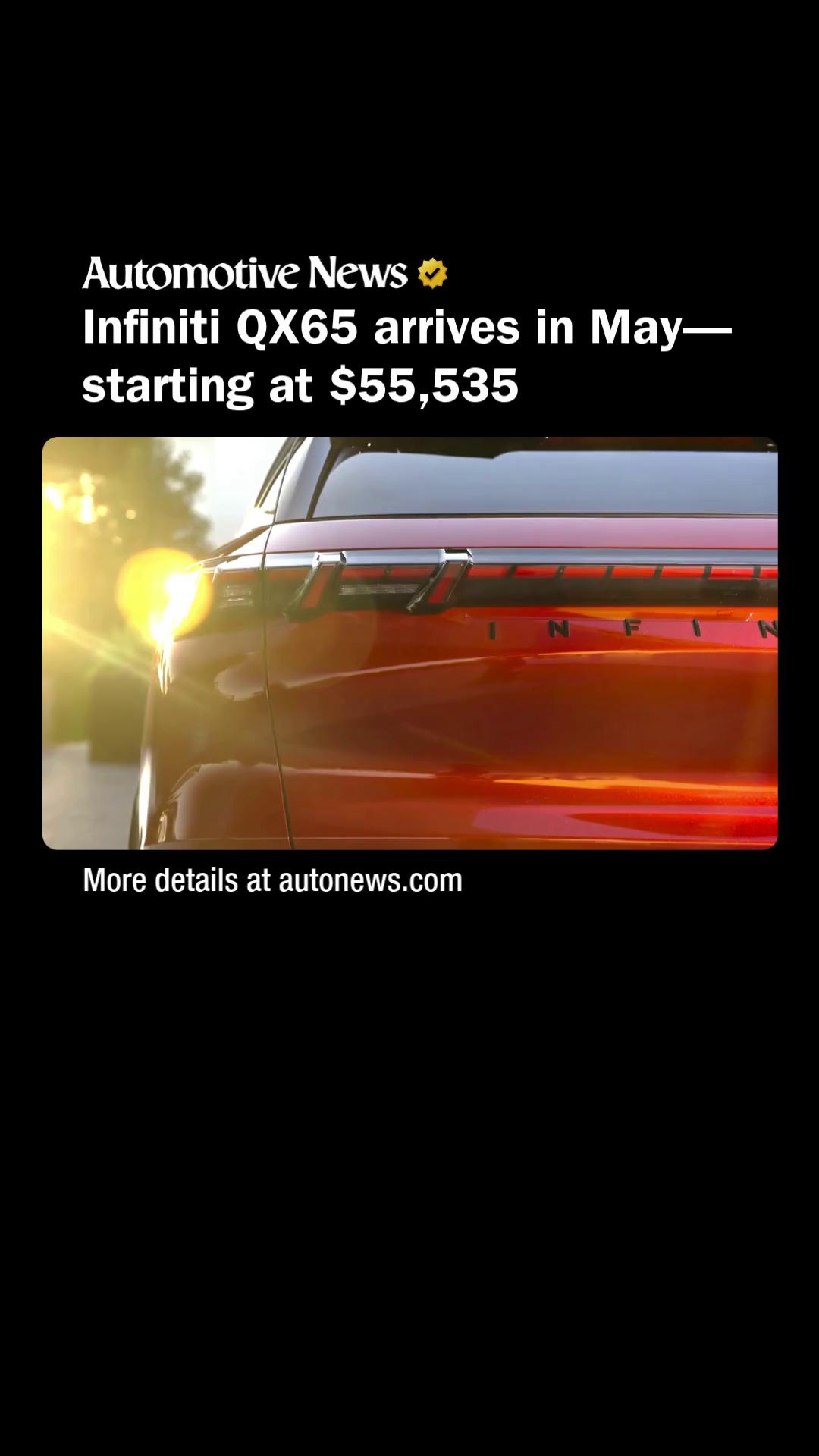 Infiniti is betting big on the 2027 QX65 to steal share from the Lexus RX.

The brand’s first new nameplate since 2021 is a two-row crossover that delivers sporty fastback styling with family-friendly practicality.

The QX65, built at Nissan North America’s plant in Smyrna, Tenn., is expected to arrive at dealerships in May.

Pricing starts at $55,535 including shipping.

#infiniti #qx65 #automotive