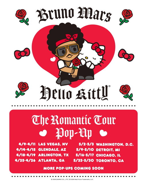 Coming soon to select cities, featuring The Romantic Tour Pop-Up, exclusive merch, and more ♥️🌹🎶 Link in bio for more details. #HelloKittyxBrunoMars