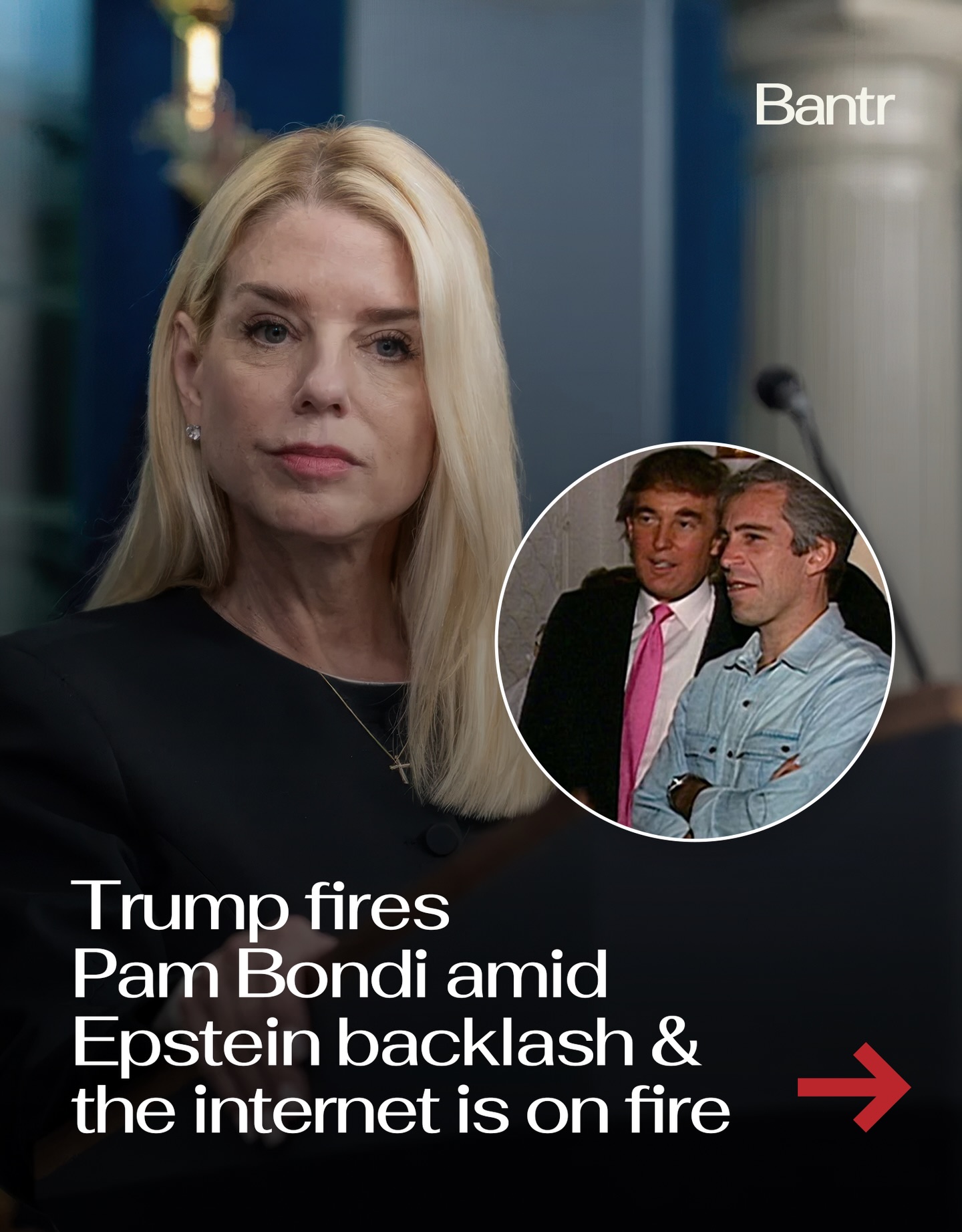 Another day, another cabinet shakeup.

Donald Trump just fired Attorney General Pam Bondi after weeks of backlash tied to her handling of the Epstein files.

Deputy AG Todd Blanche is stepping in for now.

Trump publicly praised her, but reports say frustration had been building behind the scenes.

Second major removal in weeks, following Kristi Noem’s departure.

Media via Shutterstock/X

#readbantr #pambondi #breaking #trump