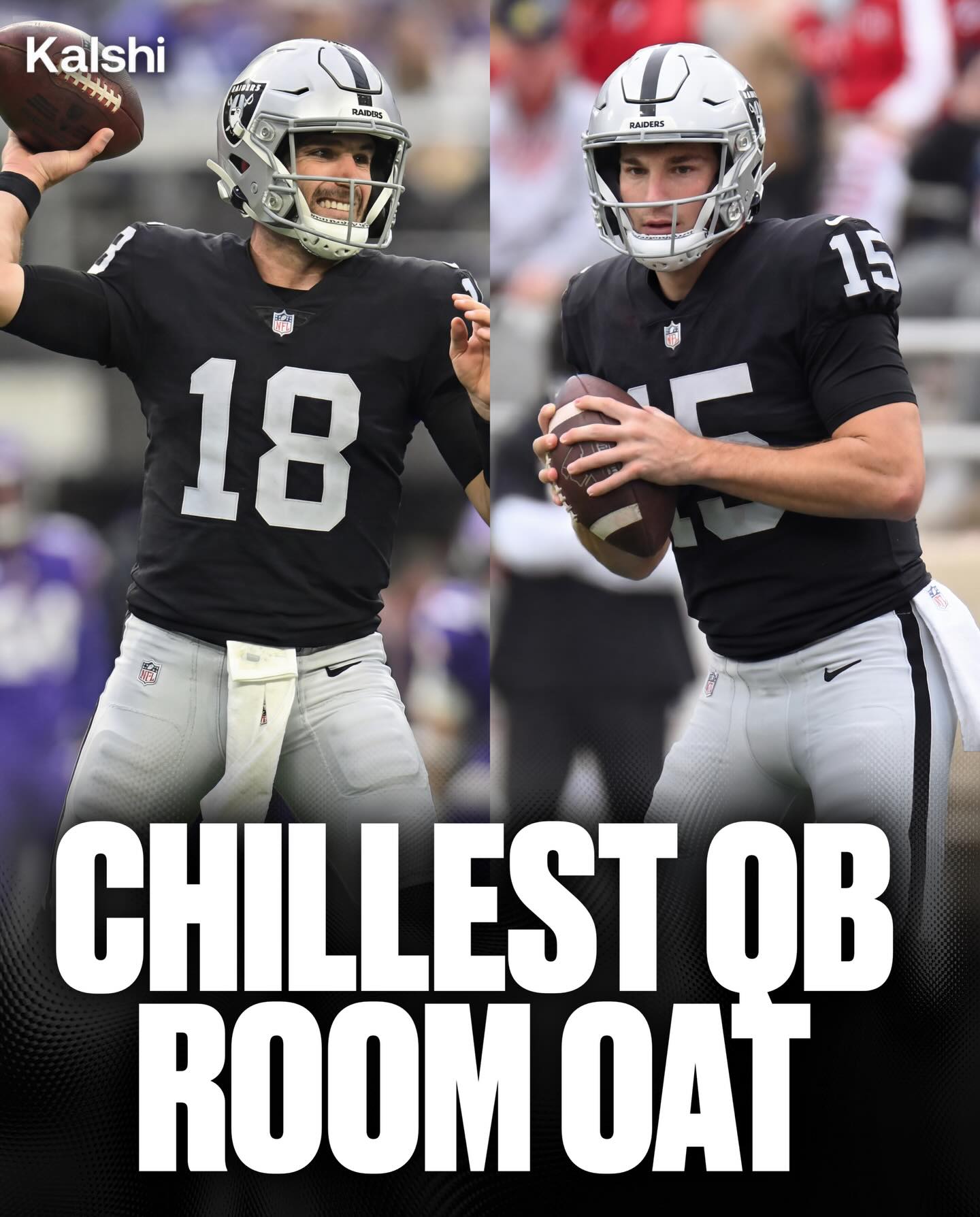 Kirko Chainz will sign a five-year, $172M deal with the Las Vegas Raiders that in reality is a one-year, fully-guaranteed $20 million deal that also contains a club option for two years at $80M

The Raiders are also extremely likely to draft Fernando Mendoza - who has 99% odds to go #1 overall on Kalshi 

It would end up being the chillest QB room of all time 🔥