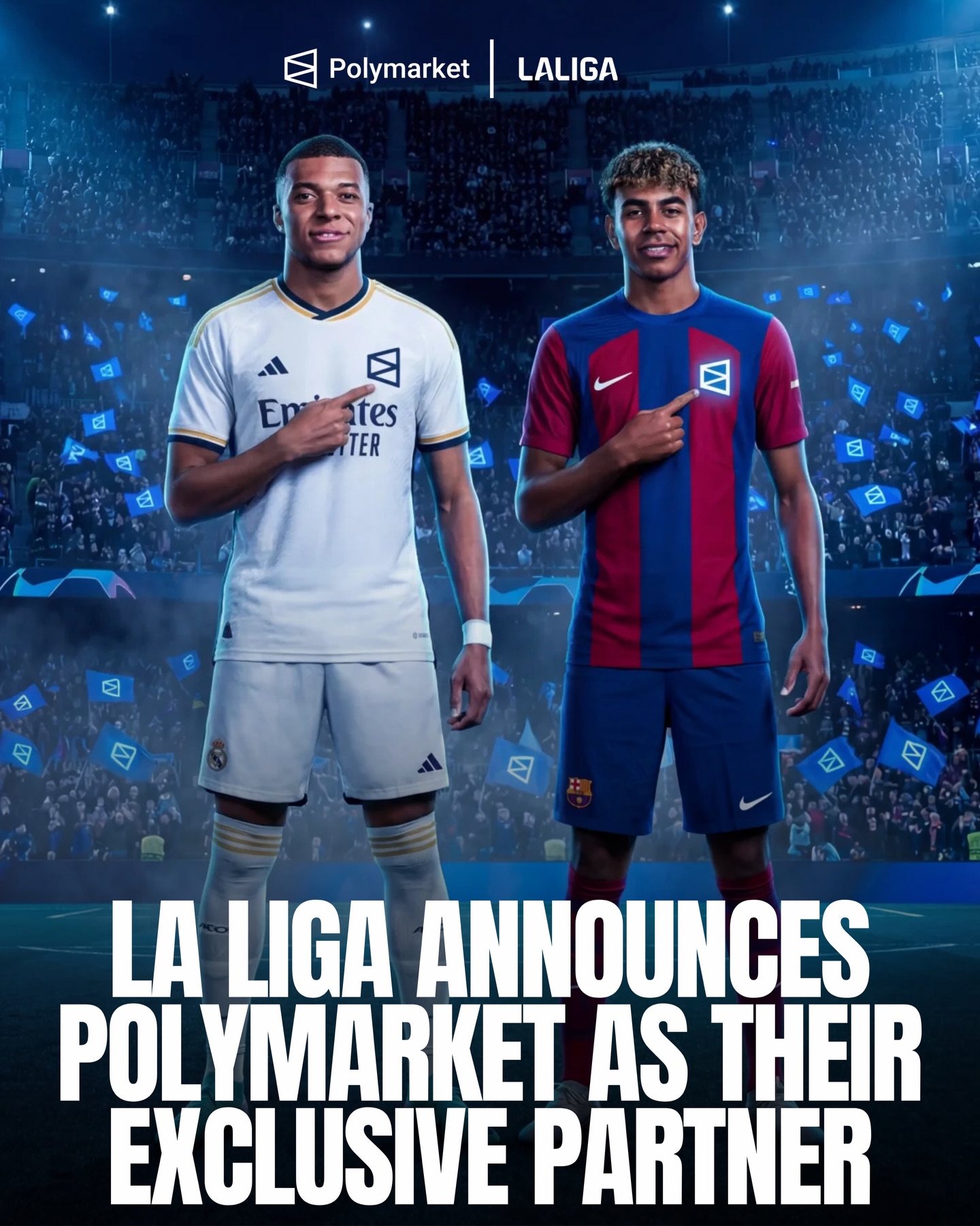 ✍️🔵 𝐎𝐅𝐅𝐈𝐂𝐈𝐀𝐋: Polymarket are honored to be named the Exclusive Prediction Market Partner of LALIGA — the 1st major European soccer league to strike a deal with prediction markets.

The official event contracts for teams like Real Madrid & FC Barcelona now live exclusively on Polymarket.