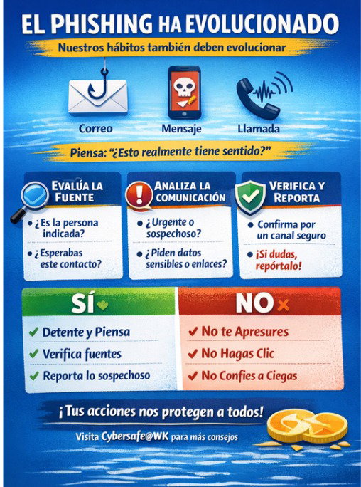 El phishing ha evolucionado. Ya no siempre se ve “falso” o mal escrito.
Antes de dar clic, responder o compartir información, DETENTE y PIENSA:
❓ ¿Esto realmente tiene sentido?
🔍 ¿Conozco la fuente?
⏱ ¿Me están metiendo prisa o presión?
✅ Verifica por un canal seguro
❌ No hagas clic ni compartas datos si algo se siente raro
📢 Si dudas, repórtalo
👉 Nuestros hábitos nos protegen a todos.
Para más info: Cybersafe@WK