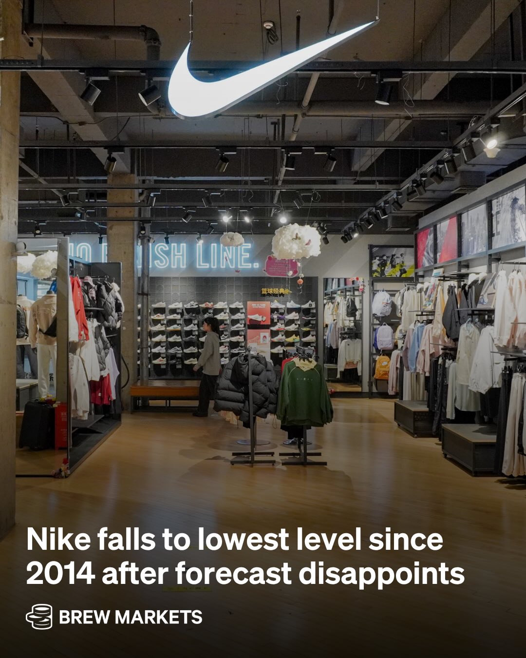 Investors are calling a foul on Nike’s quarterly outlook.

Reporting earnings this week, the sportswear giant beat on both revenue and earnings, but under the hood, results were mixed: wholesale sales rose 5%, but Nike’s own stores and e-commerce sales fell 4%. Meanwhile, gross margins slipped to 40% as tariffs battered North American profits.

But the real problem? Management guided for sales to fall 2% to 4% this quarter, missing expectations for 2% growth, and warned that sales will sink by low single digits through the end of the calendar year. As a result, shares dropped over 15% yesterday, hitting their lowest level in over a decade and now sit down over 30% year-to-date.

Already a year and a half into his return at Nike, investors are clearly growing impatient with CEO Elliott Hill’s reset plan.

📸 : Getty