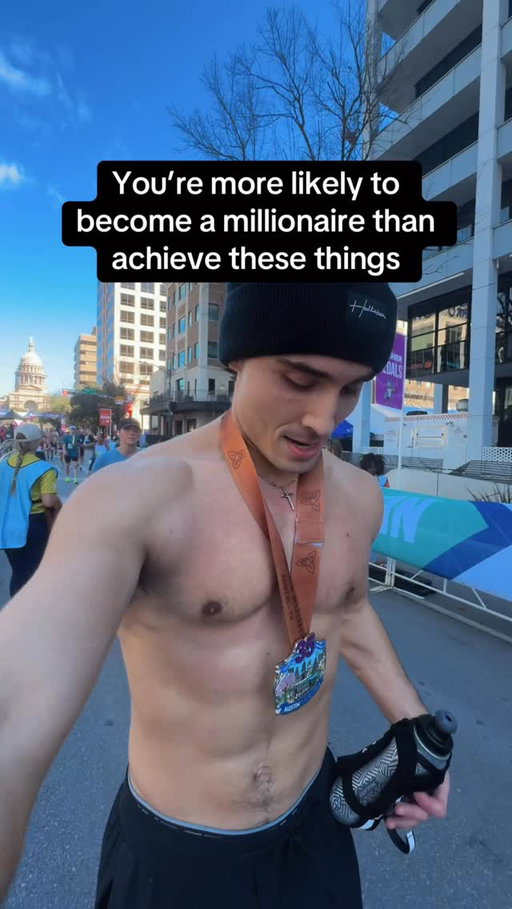 You’re more likely to become a millionaire than achieve these 5 fitness goals…

Chances of becoming a millionaire: About 8–10% of adults become millionaires at some point in their life💰

Now here’s what’s less likely than that 👇

1️⃣ Ever get visible abs 🫛 Only around 3–5% of people maintain low enough body fat to have abs all year 

2️⃣ Run a sub-20 minute 5K ⚡️ Only about 1% of runners ever go sub 20 minutes and that’s only among runners, not even the general population 

3️⃣ Ever finish a marathon (42.2 km) 🏃‍♂️ Fewer than 1% of people have ever finished a marathon 

4️⃣ Bench press 2× your bodyweight 🏋️‍♂️ Less than 0.1% of people that go to the gym can do this

5️⃣ Ever complete a Half Ironman (70.3) 🏊‍♂️🚴🏼🏃‍♂️ Roughly 0.05–0.1% of people have done one, that’s 1 in 1,000 to 1 in 2,000 (0.01-0.005% do a full one 🫣) 

Someone’s got to be part of these tiny percentages %, make it you.