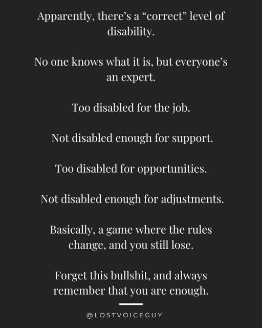 Everyone’s got an opinion, but no one’s got a clue

Remember, you are enough.

#disabilityawareness
#inclusionmatters
#accessibleworld
#disabilityrights
#diversityandinclusion