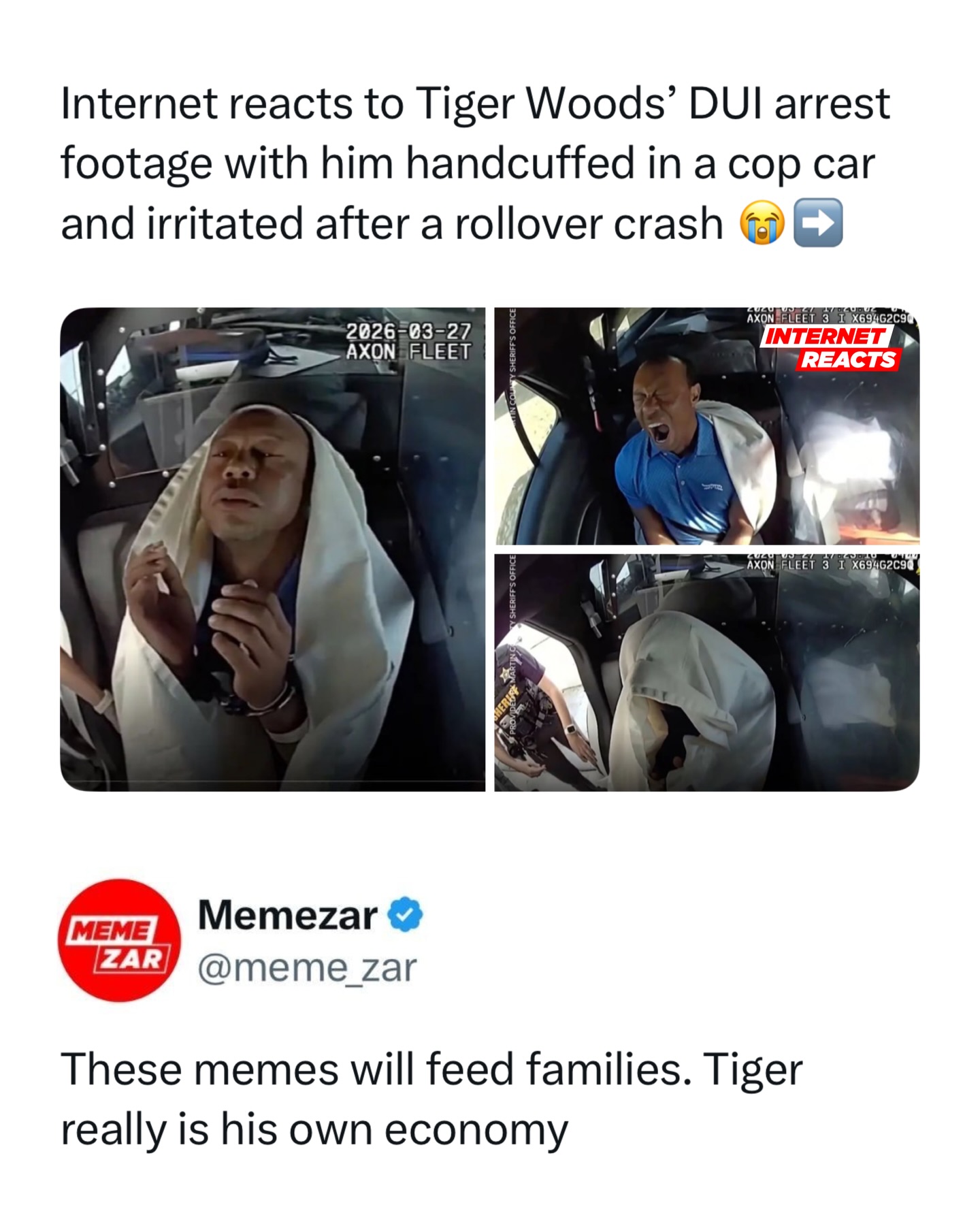 Swipe 😭➡️ The internet did what it always does… turned a serious situation into a full meme economy overnight.

After bodycam footage showed Tiger Woods handcuffed and visibly disoriented following his crash, the clip spread fast across social media. People reacted to the raw, real moment, especially his confusion and the way he questioned what was happening, which quickly caught attention online.

Within hours, it shifted from concern to content, with screenshots and clips turning into reaction memes and edits everywhere. It’s that classic internet dynamic where something serious collides with meme culture, and suddenly one frame becomes a format 💀

Like this content? Follow @memezar for more ❤️

#memezar #memes #viralmoments #tigerwoods #bodycam