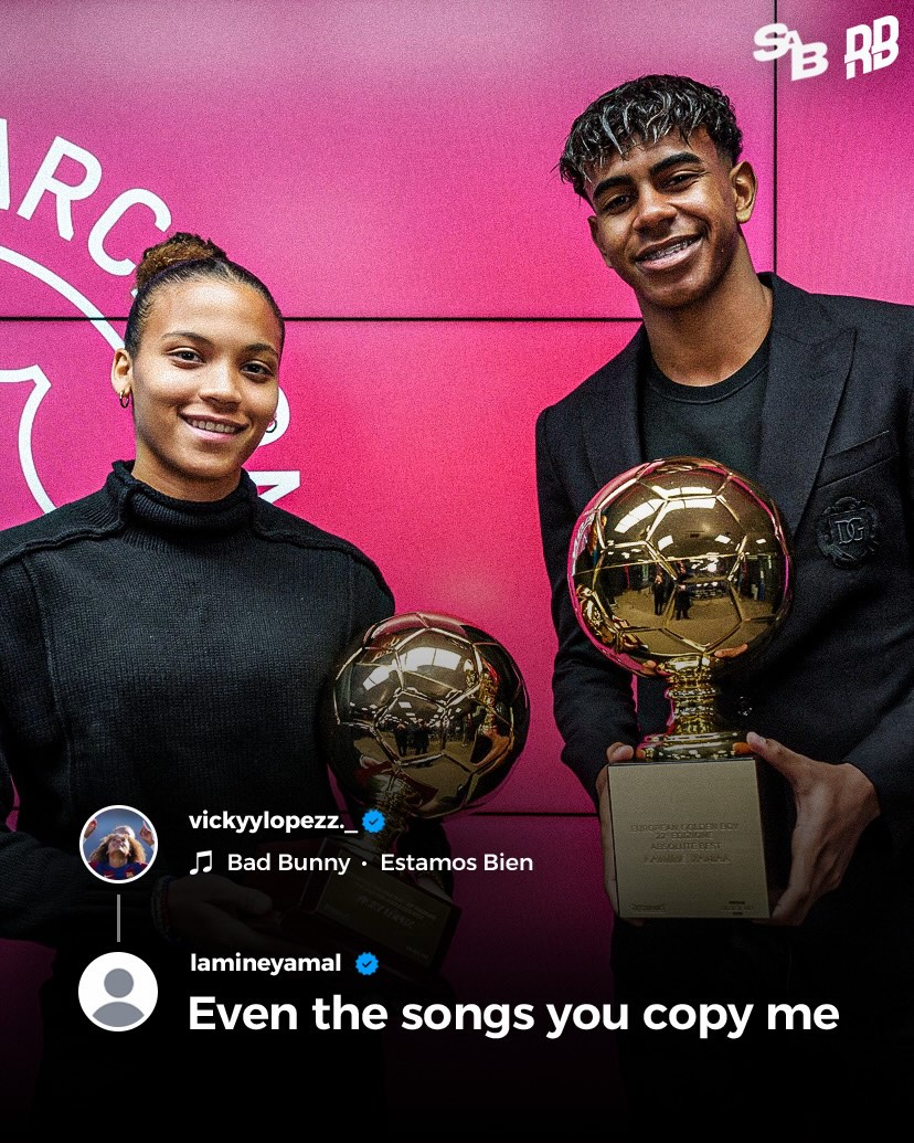 Lamine Yamal and Vicky López are moving in sync without even trying 🤝🏽🤣

Both broke into Barcelona’s first team at just 15–16, and both went on to win the Kopa Trophy at the Ballon d’Or last year…

They’ve even been rocking the same Adidas boots lately… but Yamal jokingly called it out when she picked the same music choice as him 😅

On and off the pitch, the connection is real. Barcelona’s future is in safe hands 😮‍💨