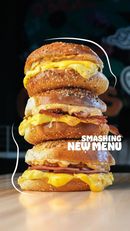 The future of O’Bagel is here, introducing the NEW…

SMASH Egg n’ Cheese:
Pat LaFrieda beef patty with italian sausage seasoning, scrambled eggs, american cheese, and O’Saucy 

Billy’s Way:
Add on of a crispy hashbrown and O’Saucy to any breakfast sandwich