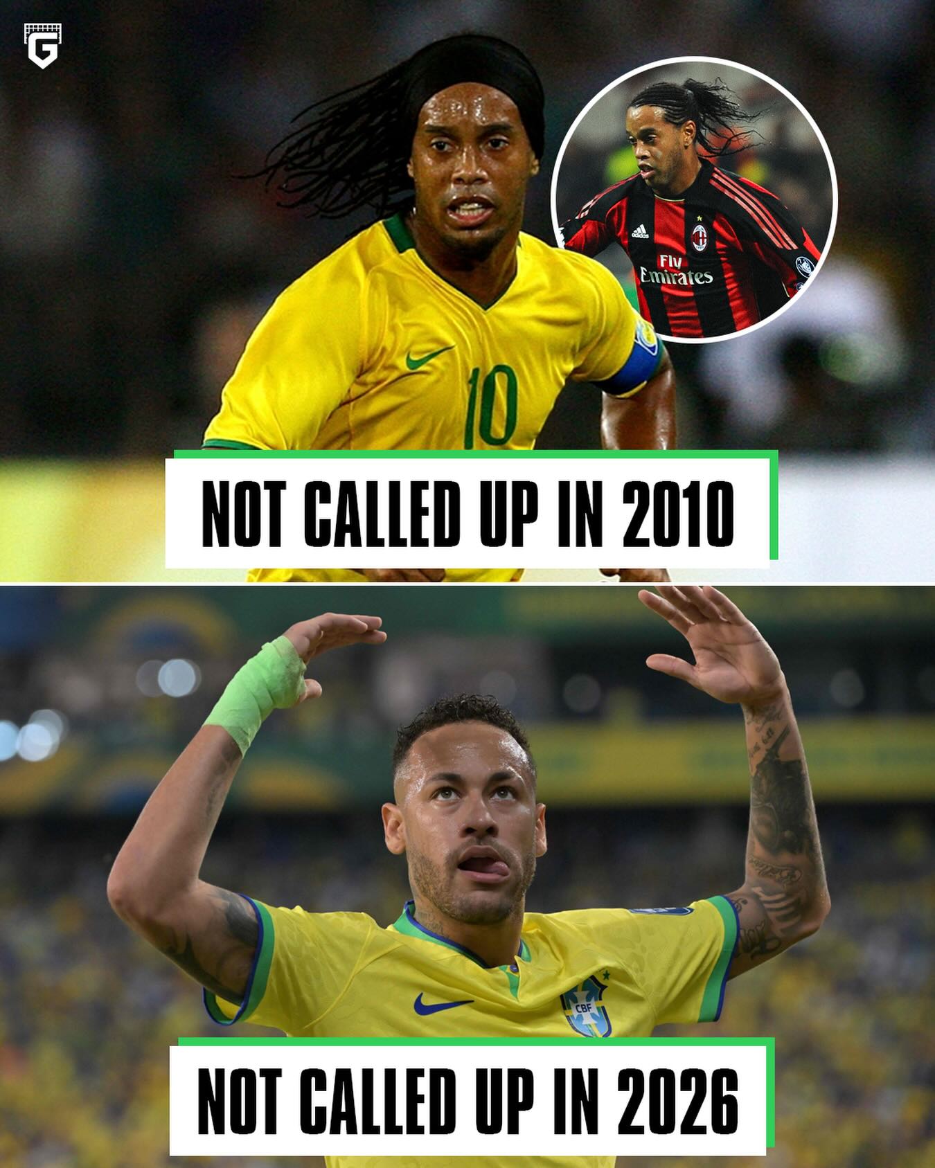 Ronaldinho did not get called up for the 2010 World Cup by Brazil🇧🇷

He was still playing in Europe at the time, getting 15 goals and 16 assists for AC Milan that season🤨