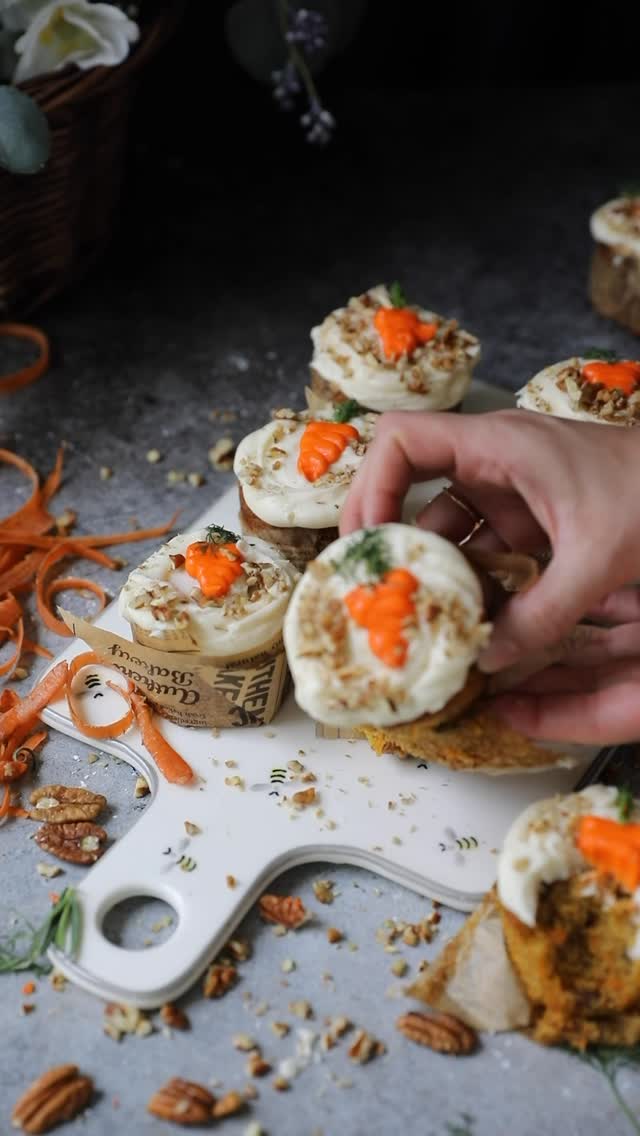 Happy Easter to everyone celebrating! These adorable Carrot Cake Cupcakes are the perfect treat for all ages to enjoy at your Easter table. You can decorate them with chocolate eggs, coconut flakes, rabbit faces, or this simple carrot design. You can even prepare these without the frosting for some delicious Carrot Cake Muffins for breakfast. I hope you all are enjoying the beautiful spring!
 
Carrot Cake Cupcakes
 
Ingredients:
For the Cake Batter:
1 cup (200g) granulated sugar
½ cup (110g) peanut oil, or any neutral oil
2 tbsp (28g) unsalted butter, melted
2 eggs
1 tsp vanilla extract
1 ½ cups carrot, freshly grated
1 cup + 2 tbsp (145g) all-purpose flour
1 ½ tsps baking powder
½ tsp baking soda
1 tsp ground cinnamon
¼ tsp ground ginger
Pinch of salt
½ cup pecans, chopped
 
For the Cream Cheese Frosting:
3 cups powdered sugar
8 oz cream cheese
2 tbsp butter, softened
1 tsp vanilla extract
Orange food coloring (optional)
Dill or other green herb clippings (optional)
Additional chopped pecans

📌the full recipe is in my website❤️