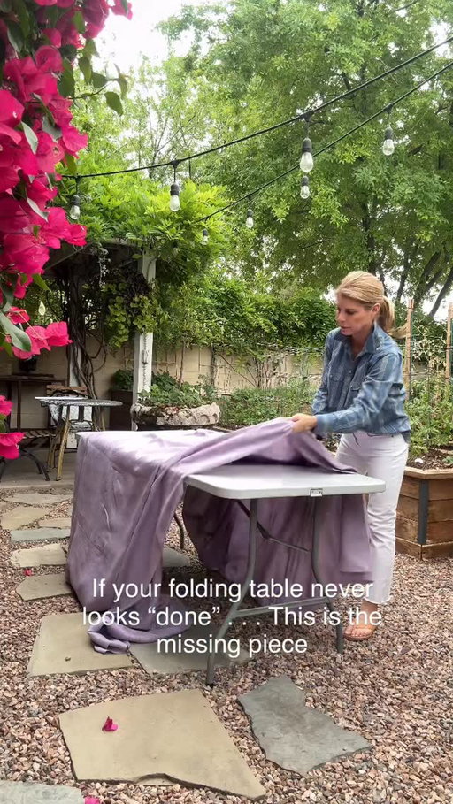 The secret to my folding table transformation? A high-quality, solid underlay tablecloth that covers the metal legs - this allows a lot of flexibility for the second overlay tablecloth. I’ve partnered with my favorite source for a 5% discount. Comment with “TABLECLOTH” for a link, discount code and size buying guide.