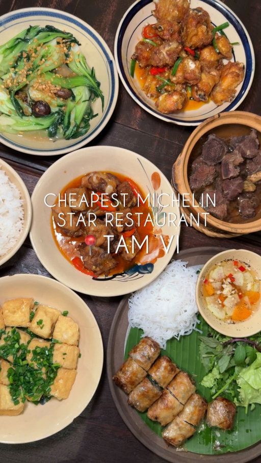 Ordering à la carte is the way to go here! 

Tam Vi is THE cheapest Michelin Star restaurant in Vietnam and honestly we would go back! If you expect a typical bougie dinner, this is not it! The food here is very simple, super homey! It’s nothing too crazy but very solid.

Here’s everything we got:
🌯 Fried Spring rolls - $7.00
🍲 Sweet-and-sour pork rib soup - $5.88
🍗 Fish Sauce Wings - $6.60
🟨 Tofu w/ green onions - $2.80
🥩 Braised Beef w/ Ginger - $8.90
🍖 Sweet & Sour Pork Ribs - $7.00
🥬 Stir fried bok choy w/ mushrooms - $3.70
🍚 Steamed rice - $1.35
🍋 Honey lemonade - $1.35
🫐 Mulberry  Juice - $1.70
🍊 Apricot Lemon Juice - $1.52
🌽 Corn juice with sugar cane - $1.15

📍Tam Vi - 4b P. Yên Thế, Văn Miếu, Văn Miếu - Quốc Tử Giám, Hà Nội, Vietnam