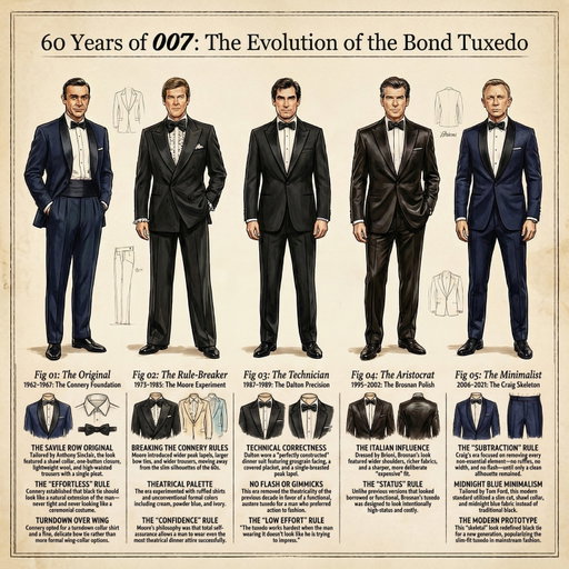 Le smoking de James Bond n'a jamais été un simple costume de soirée. C'est un laboratoire de formalwear à ciel ouvert — 60 ans d'expérimentations qui racontent, film après film, l'évolution de notre rapport au black tie.
Connery pose les fondations chez Anthony Sinclair : col châle, laine légère, nœud papillon fin — un formalwear qui refuse l'apparat. Moore dynamite tout dans les années 70 avec des revers surdimensionnés et des chemises à jabot. Dalton opère un retour à la rigueur technique la plus austère. Brosnan, habillé par Brioni, transforme le smoking en objet de luxe international. Et Craig, sous la direction de Tom Ford, réduit le black tie à son squelette : coupe sèche, bleu nuit mat, zéro superflu.

La règle d'or : le meilleur smoking est celui qui donne l'impression de ne rien avoir essayé de prouver.
💬 Commentez TAILORING pour recevoir trois emails illustrés avec de précieux conseils pour comprendre et décrypter l'art du tailoring.

🇬🇧 ENGLISH
The James Bond tuxedo has never been just a dinner suit. It's an open-air formalwear laboratory — 60 years of experimentation that tell, film after film, the story of our evolving relationship with black tie.
Connery laid the foundation at Anthony Sinclair: shawl collar, lightweight wool, slim bow tie — formalwear that refuses ceremony. Moore blew it all apart in the 70s with oversized peak lapels and ruffled shirts. Dalton returned to the most austere technical rigor. Brosnan, dressed by Brioni, turned the tuxedo into an object of international luxury. And Craig, under Tom Ford's direction, stripped black tie to its skeleton: dry cut, matte midnight blue, zero excess.

The golden rule: the finest tuxedo is the one that looks like it never tried to prove anything.
💬 Comment TAILORING for three illustrated emails with essential tips to understand and decode the art of tailoring.

#jamesbond #007 #tuxedo #blacktie #smoking
