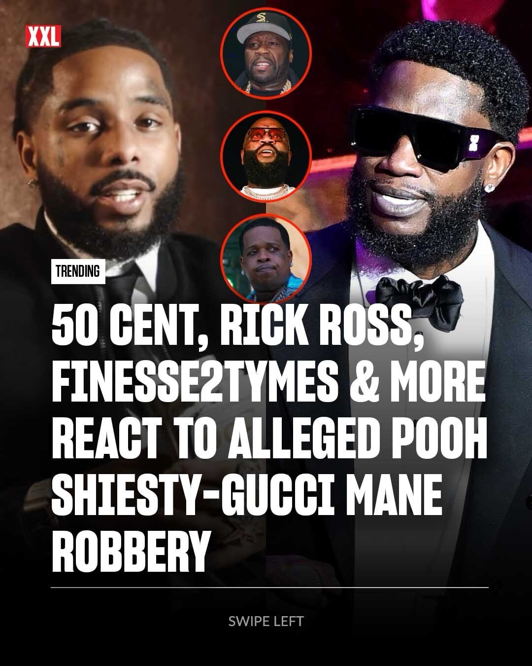 50 Cent, Rick Ross, Finesse2tymes and more react to Pooh Shiesty allegedly robbing Gucci Mane.

The internet has been going nuts since news broke that Pooh Shiesty, his father, Big30 and six other men have been charged with robbing and kidnapping three individuals, one of whom has been reported to be Gucci Mane, back in January. Several hip-hop artists have weighed in on the shocking news. See reactions from 50 Cent, Rick Ross, Finesse2tymes, Waka Flocka Flame, NLE The Great and Ralo.
