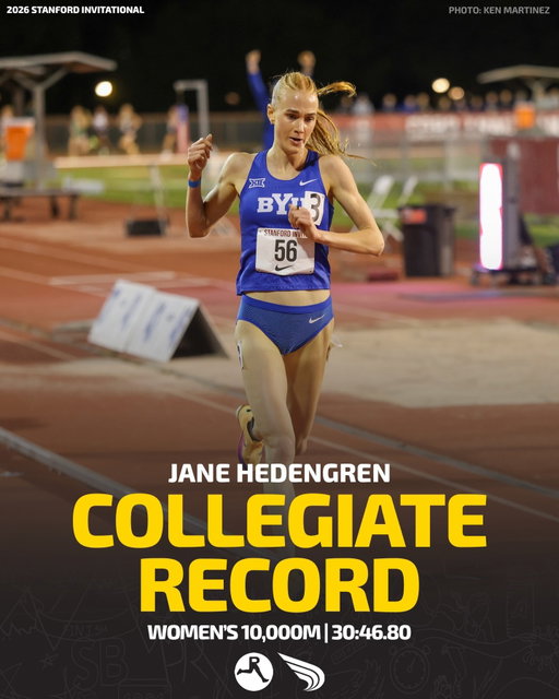 The range is UNREAL…🤯

In her first 10,000m race, #NCAATF indoor 3000m and 5000m champion Jane Hedengren of BYU breaks Parker Valby's collegiate record of 30:50.43 to run 30:46.80 at the Stanford Invitational.

📸: @westcoastxc