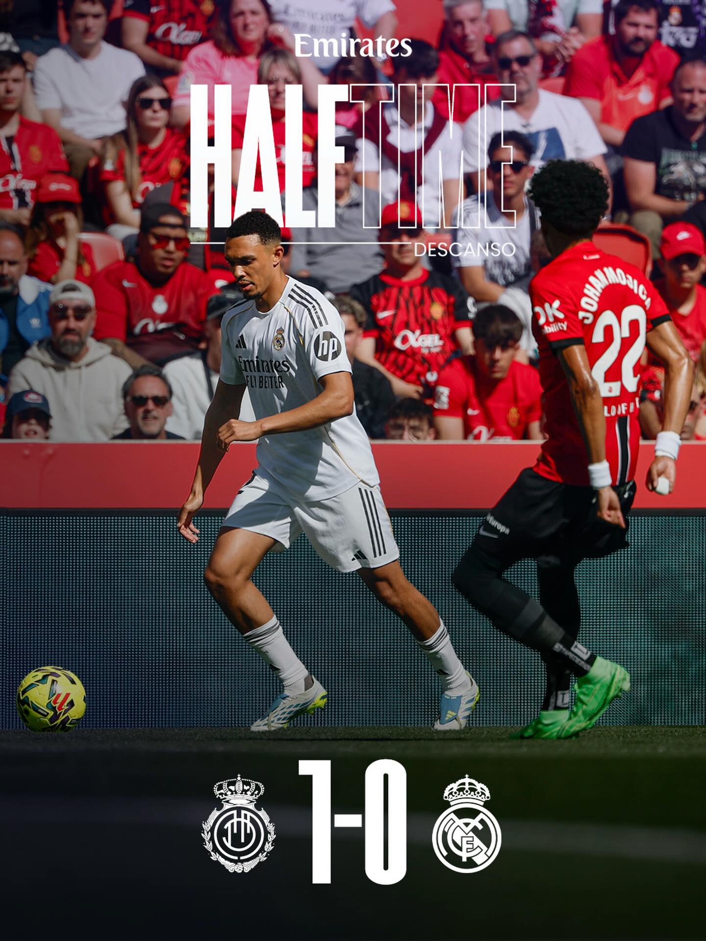 ⏸️ HT: Mallorca 1-0 Real Madrid
⚽ 42’ Morlanes
@Emirates | #MallorcaRealMadrid