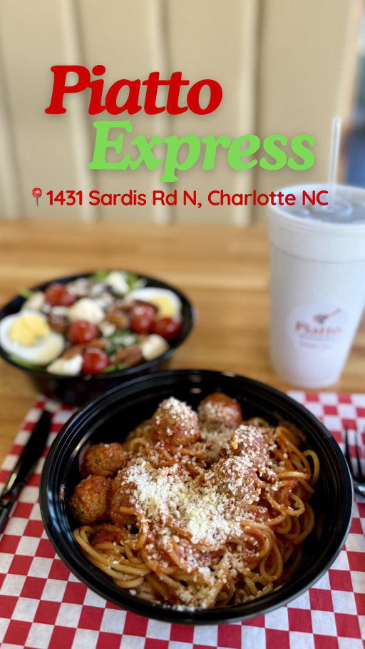 🇮🇹🍝I found the fastest pasta spot ever! This is Piatto Express and they’re “bringing the heart of Italy to your table.” You can expect classic pasta dishes with rich, homemade sauces or build your own pasta bowls, plus fresh salads and traditional Italian desserts. They have seating inside or for the easiest, fastest weeknight meal, they’ve got a drive-thru. 
✨We tried:
🍝Classic Meatball Marinara- this is spaghetti and meatballs at its best!
🍗Chicken Alfredo Bowl- a creamy classic
🍅Vodka Penne- with bits of sausage
🥗Piatto Salad- super fresh with pecans, mozzarella, veggies and a hard boiled egg
🍰Tiramisu- rich, silky and sweet

📲 @piatto_express 
📍1431 Sardis Rd N, Charlotte NC
📞(704)246-7398
🕚Daily 11:00am-10:00pm

#charlotte #italianfood #pasta #charlottenc #piattoexpress
