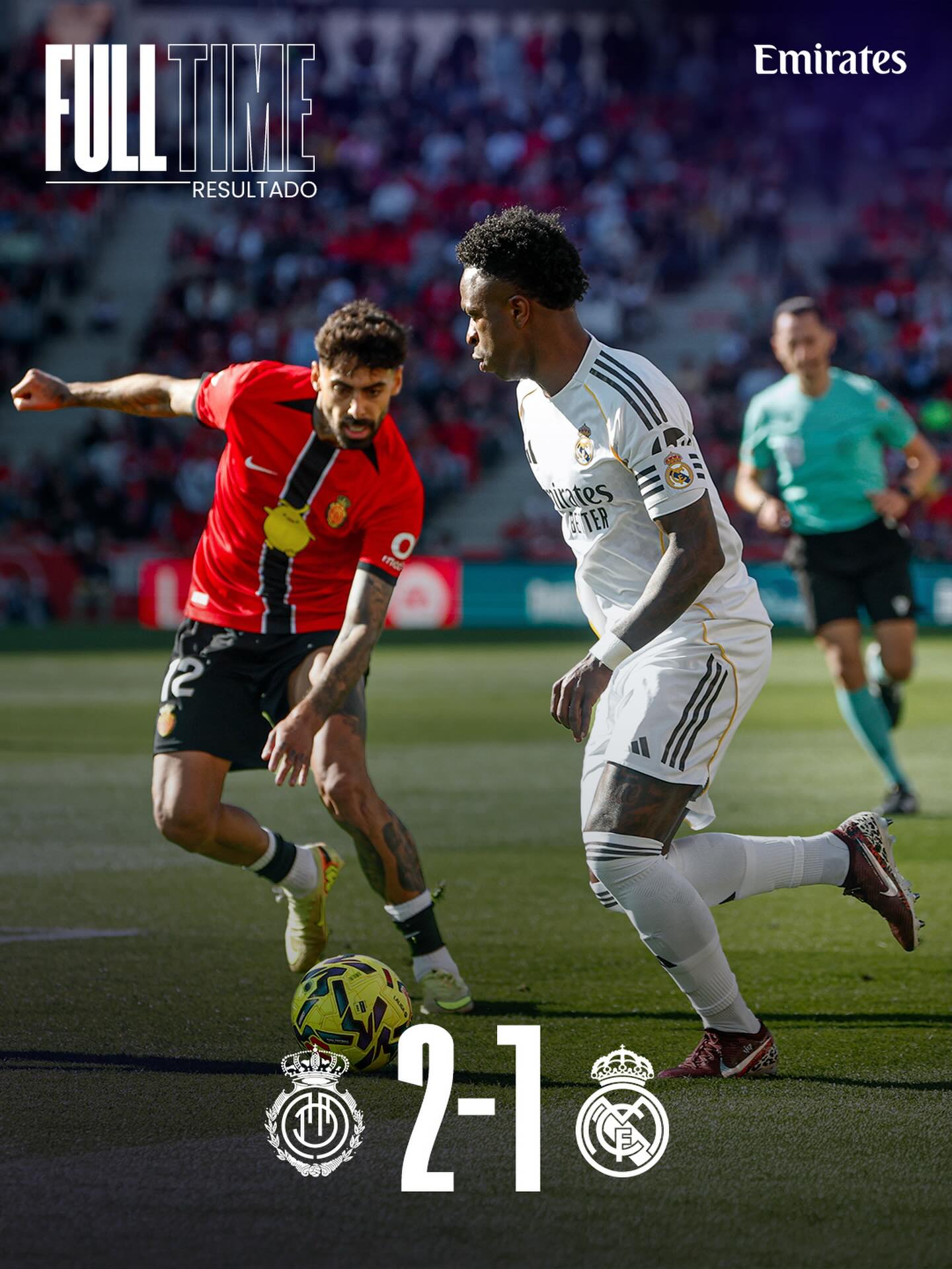🏁 FT: Mallorca 2-1 Real Madrid
⚽ 42’ Morlanes
⚽ 88’ @EderMilitao
⚽ 90’+1’ Muriqi
@Emirates | #MallorcaRealMadrid