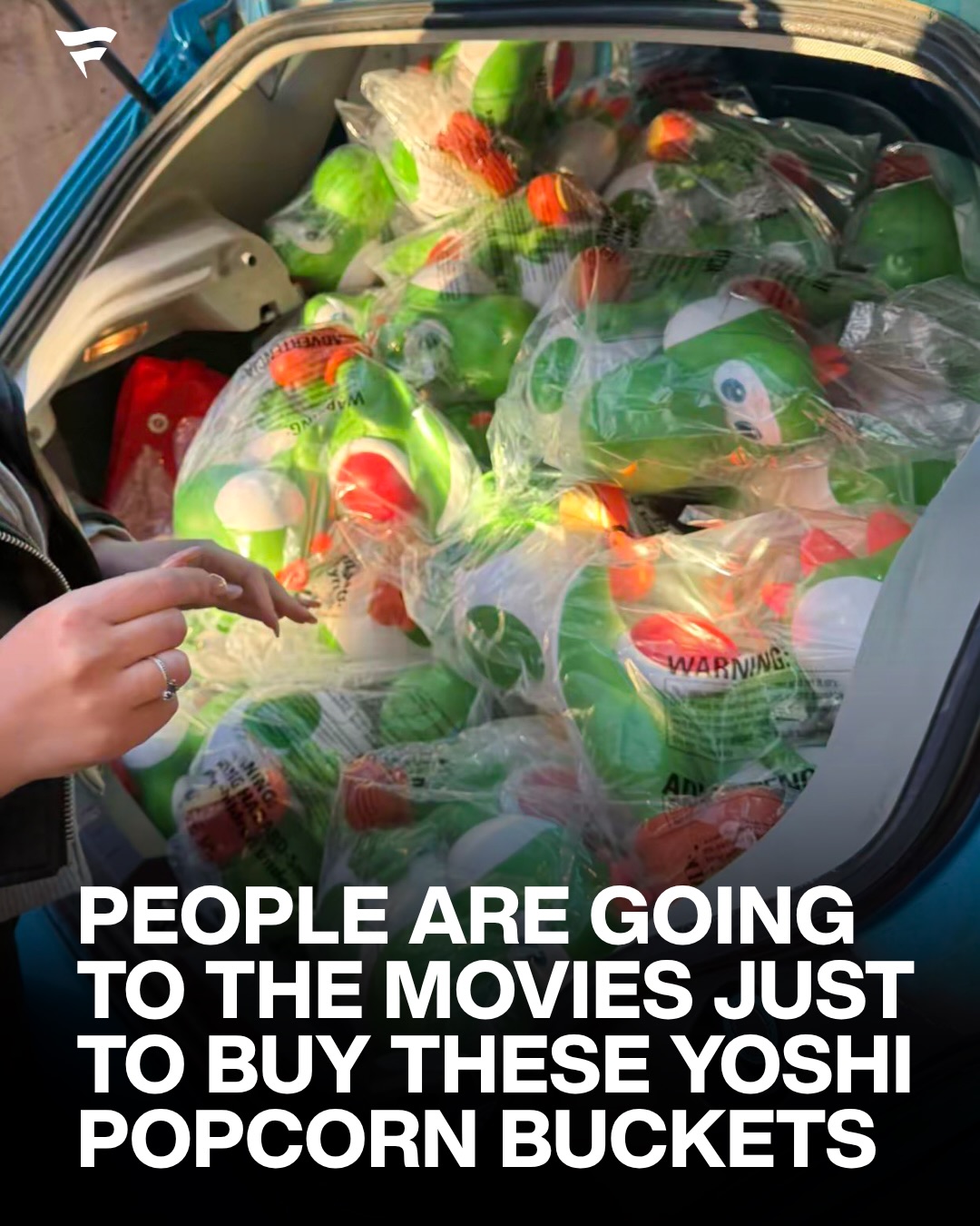 They filled their car to the brim with Yoshi popcorn buckets 😅

The limited-edition “Super Mario Galaxy” collectibles dropped alongside the new Mario movie, tapping into the franchise’s massive fanbase and nostalgia.

Chains like AMC, Regal, and Cinemark introduced the Yoshi egg bucket and LED Luma star starting April 1, priced around $45-$50. With the movie drawing strong crowds, demand for the merch has exploded just as fast.

Now, resellers are scooping them up in bulk and listing them online for nearly double the price within days.