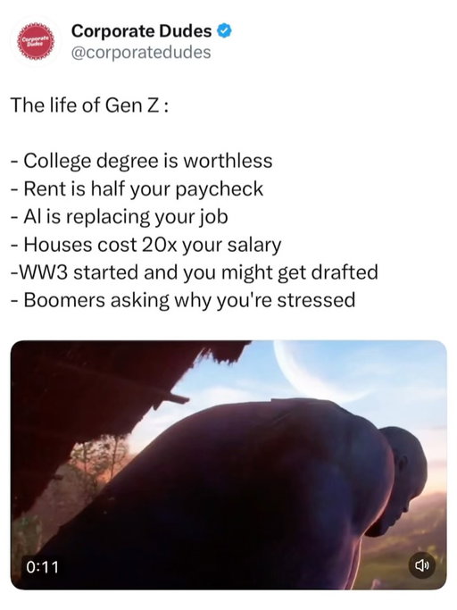What generation had/has it the worst?

An article by Fortune reported that Gen Z is burnt out because “older generations had much easier lives while working far less hard”

Someone interviewed said “Most boomers don’t know what it’s like to work 40+ hours a week and still not be able to afford a house”