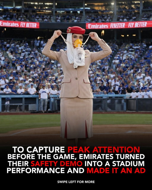 Most people ignore in-flight safety demonstrations.

Emirates took that exact behavior and turned it into an opportunity.

Instead of trying to improve the message inside the plane, they moved it into a completely different environment. They staged a live safety demonstration in a baseball stadium right before the game, when attention is naturally at its highest.

The routine followed the same structure as a real in-flight briefing, but it was adapted to the setting using baseball elements. This made the message feel relevant to the moment instead of repetitive.

The key strategy is simple:
take a familiar format people ignore and place it in an unexpected context where they are more likely to pay attention.

By doing this as a live pre-game performance and turning it into an ad, they achieved two things:
	•	captured real audience attention in the moment
	•	created content that is more engaging when distributed online

This is a good example of how changing the context can make an existing message more effective without changing the message itself.

Follow @biz.insider for more creative campaign brake downs.