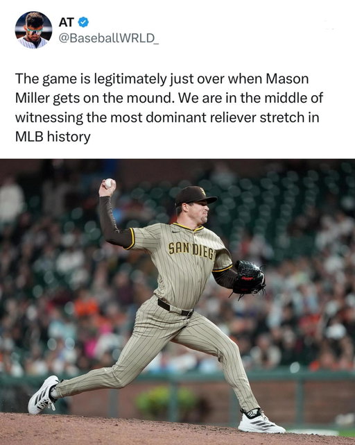 Mason Miller has been absolutely unreal for the Padres. When he enters the game in the 9th inning, it’s basically over. He has been insane this season and even in the WBC. 

In his last 24 appearances: 

25.2 IP
0 runs
5 hits
53 strikeouts

Unreal 🤯🔥