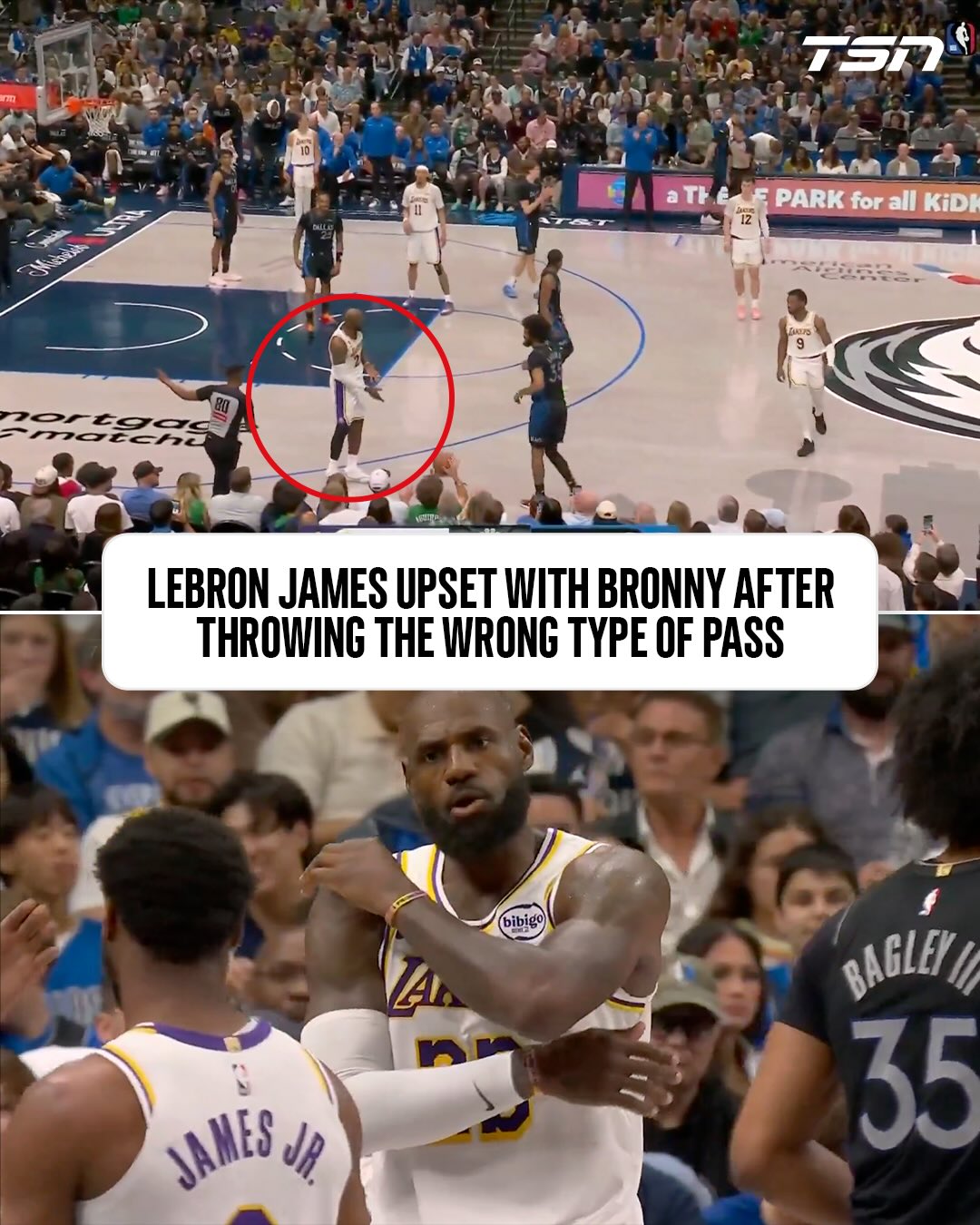 LeBron James wasn’t happy with this pass from his son, Bronny.