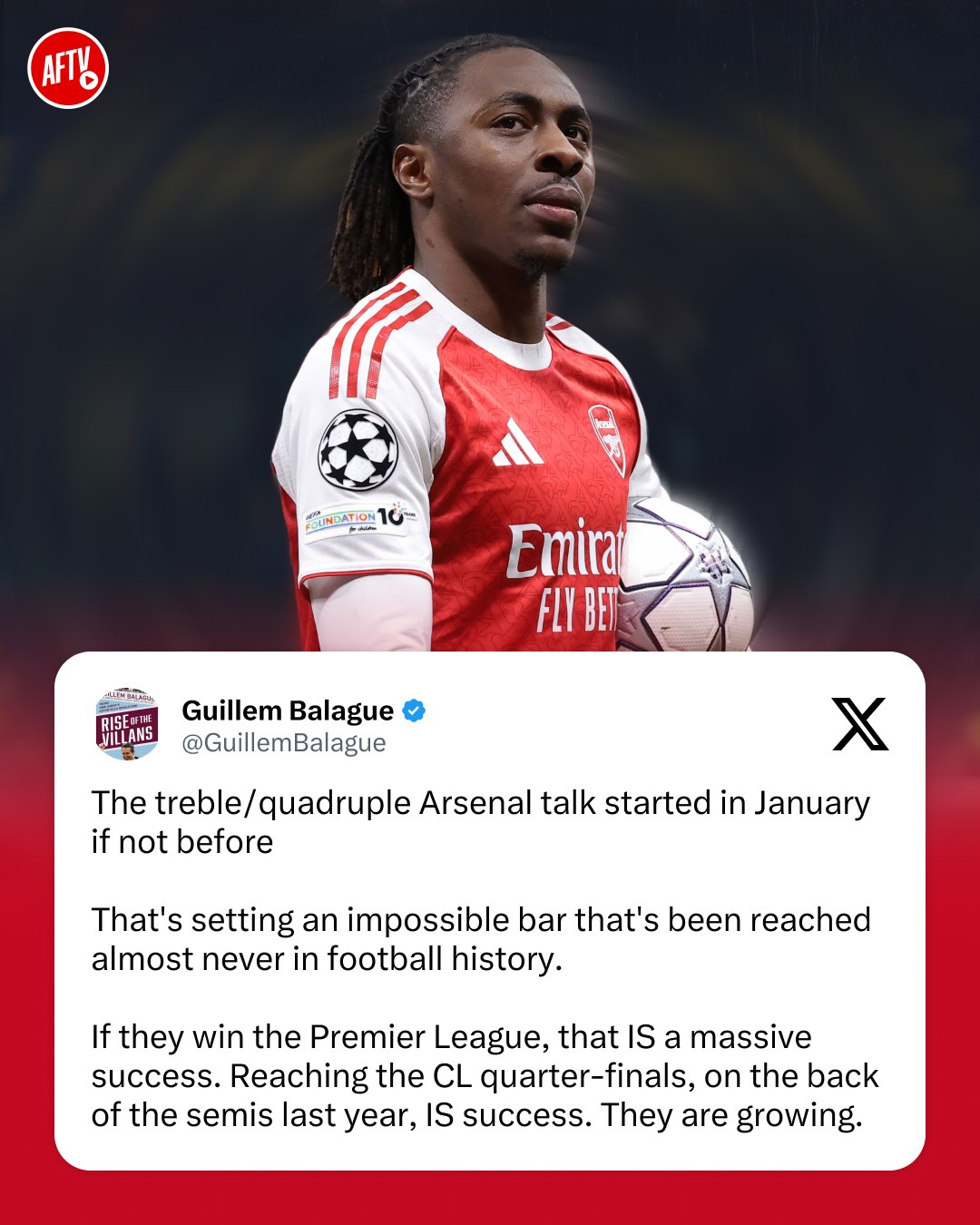 It’s easy to get lost in the talk of trebles and quadruples, but setting impossible benchmarks only serves to deny this team the credit they deserve. 

A Premier League title or a deep Champions League run is a massive achievement by any standard. 📈🔴

Disappointed today, but proud of the journey 🫡