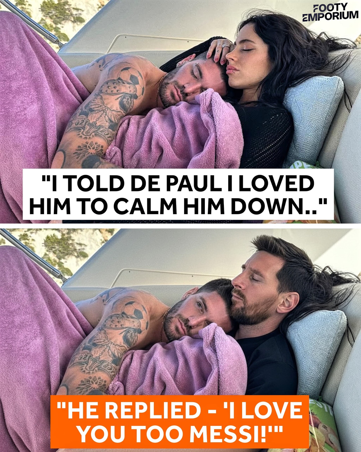 🗣️ | Tini, Rodrigo De Paul’s girlfriend, in an interview: “After the World Cup, De Paul came home very drunk. I had to treat him like a baby because he wouldn’t stop celebrating the title. 

So I told him I loved him to calm him down. 

Then he replied, ‘I love you too, Messi.’ I didn’t know what to say after that.” 🤣
 
De Paul & Messi have one of the best bromances in football… Wherever Messi goes, Rodrigo seems to follow! 
🗣️ Rodrigo De Paul: “When he’s your captain, you’d go to war for him.” 

“Our bond started in 2019 when I accidentally took his seat twice… and he just sat next to me. Since then, we’ve stayed close. We talk almost every day. I love him as a person — he’s incredible.” 🩵

They will be hoping to lift the World Cup again this summer, & according to @PolyMarket, they have a 9.2% chance of doing that! 🏆