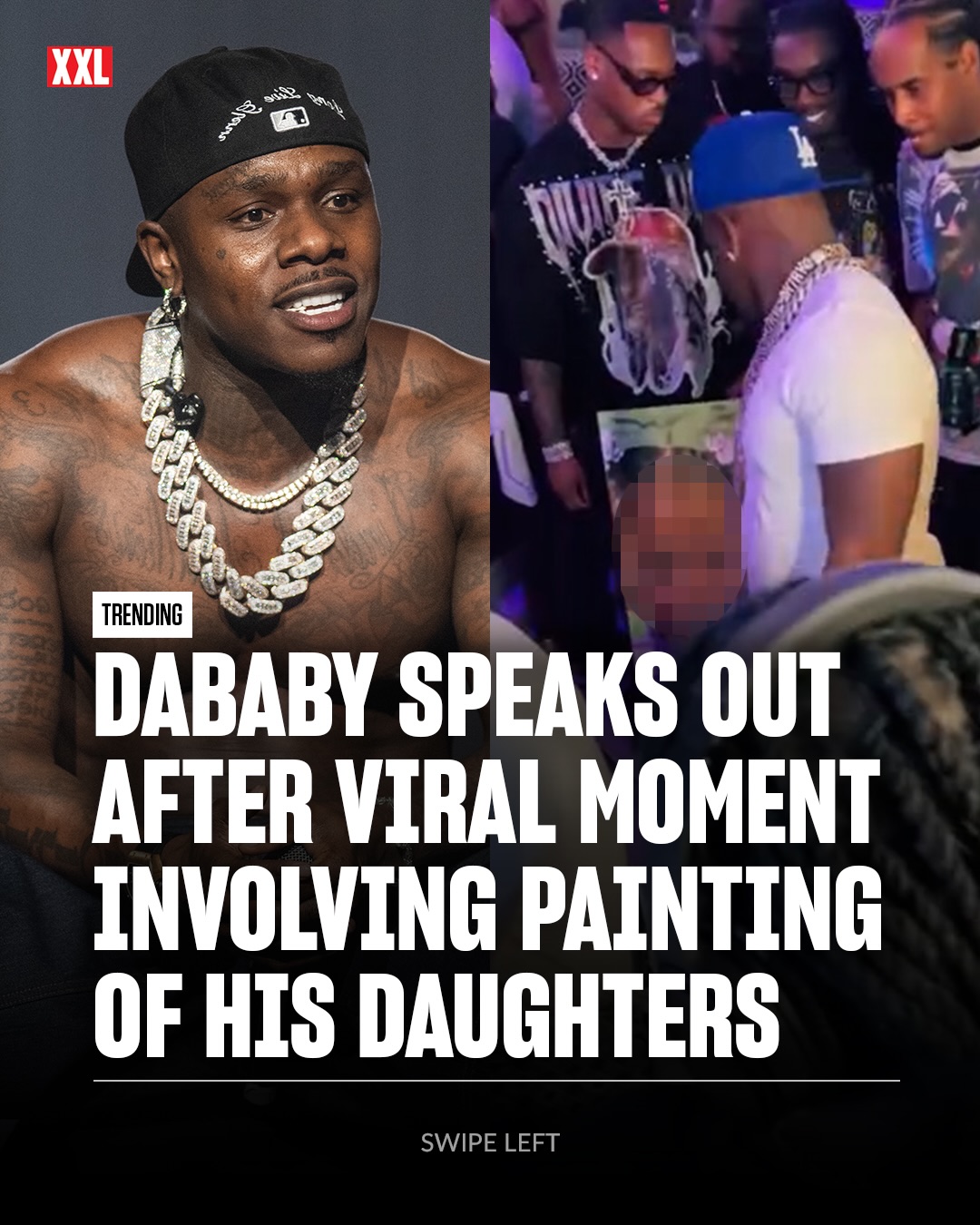 DaBaby is speaking out after a viral moment showed him walking past a fan who approached him with a painting of two of his daughters outside of a nightclub.

The North Carolina rapper later explained it wasn’t about disrespect, but about protecting his kids and setting boundaries.

“I’m not into grown men discussing my daughters, painting pictures of my daughters… I don’t play like that,” he said.

After the clip spread, the artist posted the painting on Instagram, prompting DaBaby to ask for the images to be taken down and making it clear he didn’t want his children tied to a viral moment.

The artist later shared a video apologizing for any disrespect, and DaBaby responded, saying there’s no ill will but he’s serious about keeping his kids out of situations like that.

🎥 slide 5: bwhitecreations/Instagram