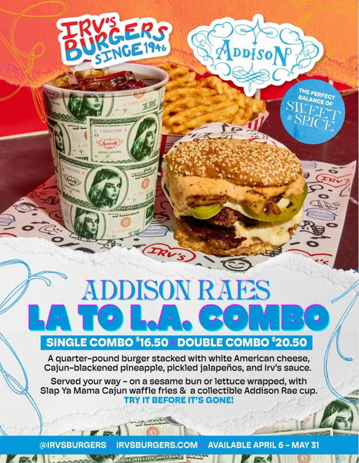 Introducing @addisonraee ‘s “La To L.A. Combo” with @irvsburgers 🥤🍔💛🌵 a perfect mix of sweet and spice. ‼️Available for a limited time in #california , #lasvegas , and at @coachella . Don’t miss it! 
#addisonrae #irvsburgers #sunraenation