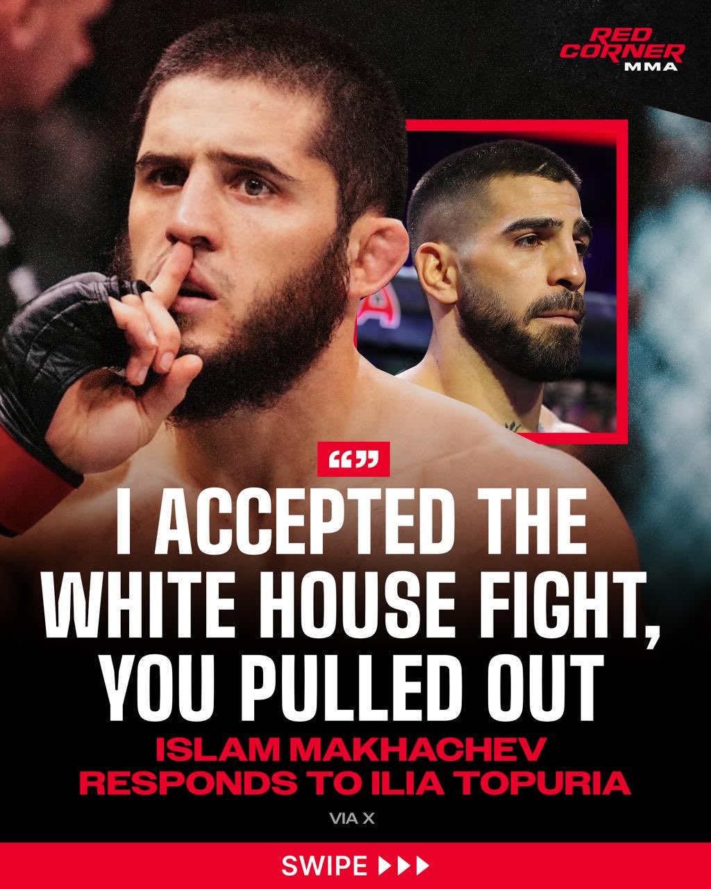🎙️ “I’m tired of hearing made-up stories from Topuria and his team.”

Islam Makhachev responds to Ilia Topuria on X following Topuria’s media appearance in Spain earlier today, where he claimed he went to bed the night before the fight was announced thinking it was going to be against Islam at the White House.

“I’m tired of hearing made-up stories from Topuria and his team.
I got the call and accepted the fight at the White House. The next day, I was told he asked for an unrealistic purse. The UFC declined, and he pulled out. That’s it, nothing more to it.
Even his manager confirmed it.
Ilia, stop talking. Every interview you give tells a different story. You pulled out, and you know it.” 👀