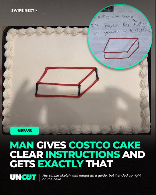 Man tried to make his Costco cake order foolproof… and it still went left 😭🎂⁠
⁠
He wrote “no writing, no designs” and even drew a diagram asking for simple red frosting around the edges, but the decorator followed it literally and recreated the sketch right on the cake 😂⁠
⁠
What do y’all think⁉️👀