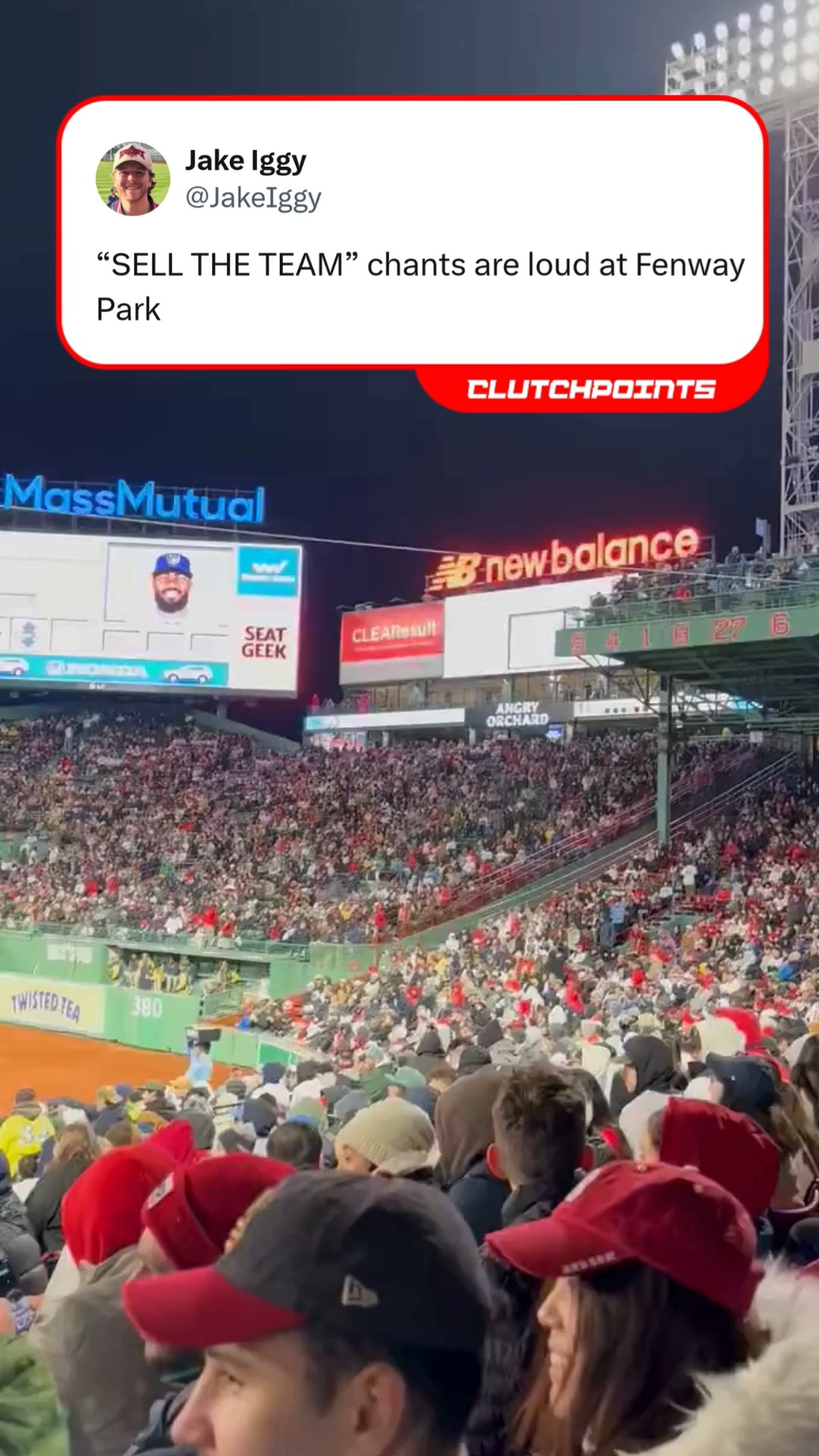 Red Sox Nation is running out of patience 👀

Their team suffered another disappointing 8-6 loss to the Brewers on Monday night, despite holding an early 3-0 lead.

The Red Sox have a team payroll of $196 million, which ranks 12th in Major League Baseball.

John Henry of the Fenway Sports Group reportedly has an estimated net worth of $5.7 billion.

The Red Sox, as of posting time, are 2-8, the worst record in the majors.

(video from Jake Iggy on X, formerly Twitter)
(info from FanGraphs and Forbes)
