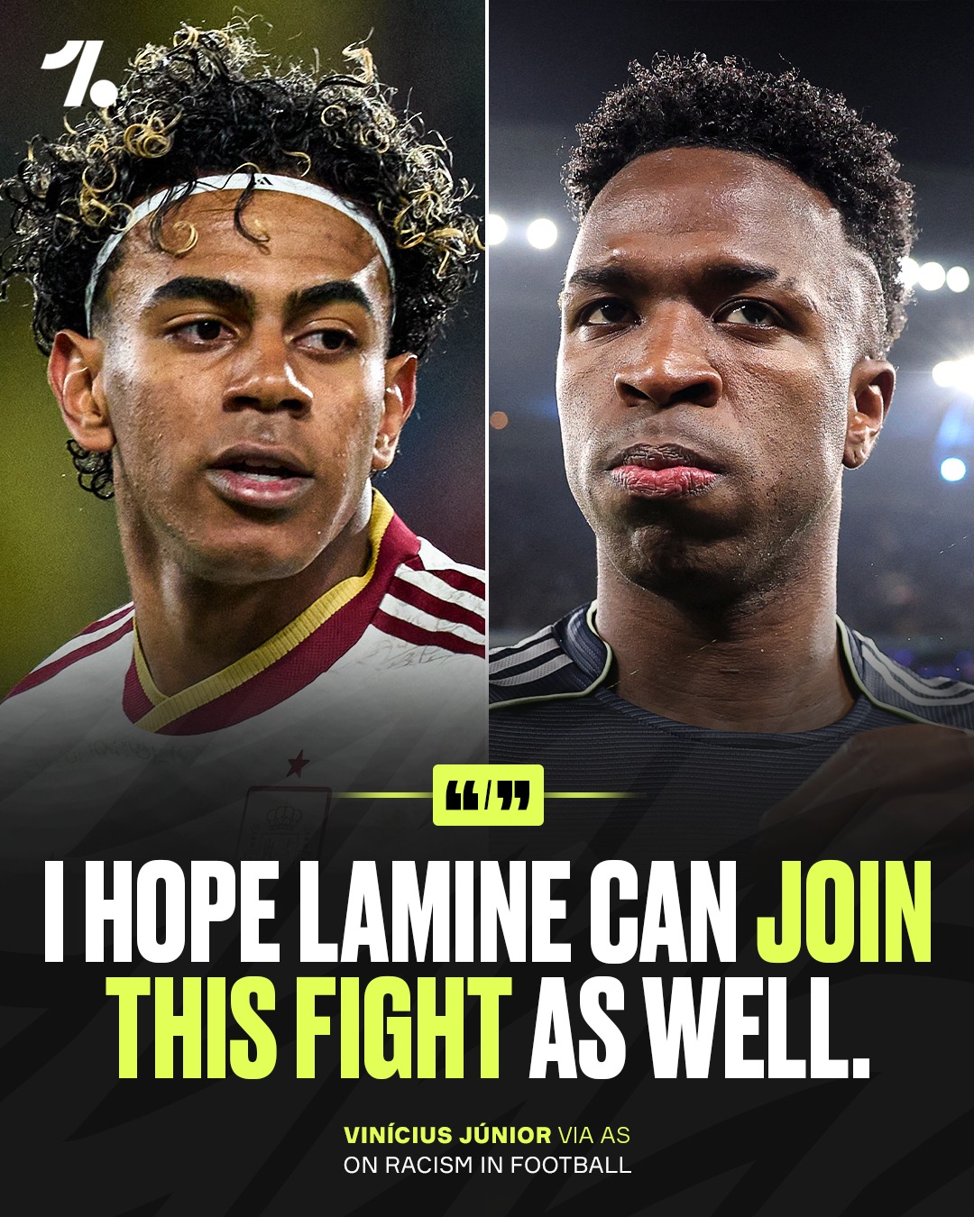 Vinícius Júnior has urged Lamine Yamal to keep up the fight against racism 🤝❤️

🗣️ "It’s a complicated issue that comes up all the time. I hope Lamine can join this fight as well. We have money, but poor Black people face more difficulties than we do." he told AS.

😔 "I’m not saying that Spain, Germany, or Portugal are racist countries, but there are racists in every country, and if we fight together, hopefully other players and people will stop having to endure these things.”