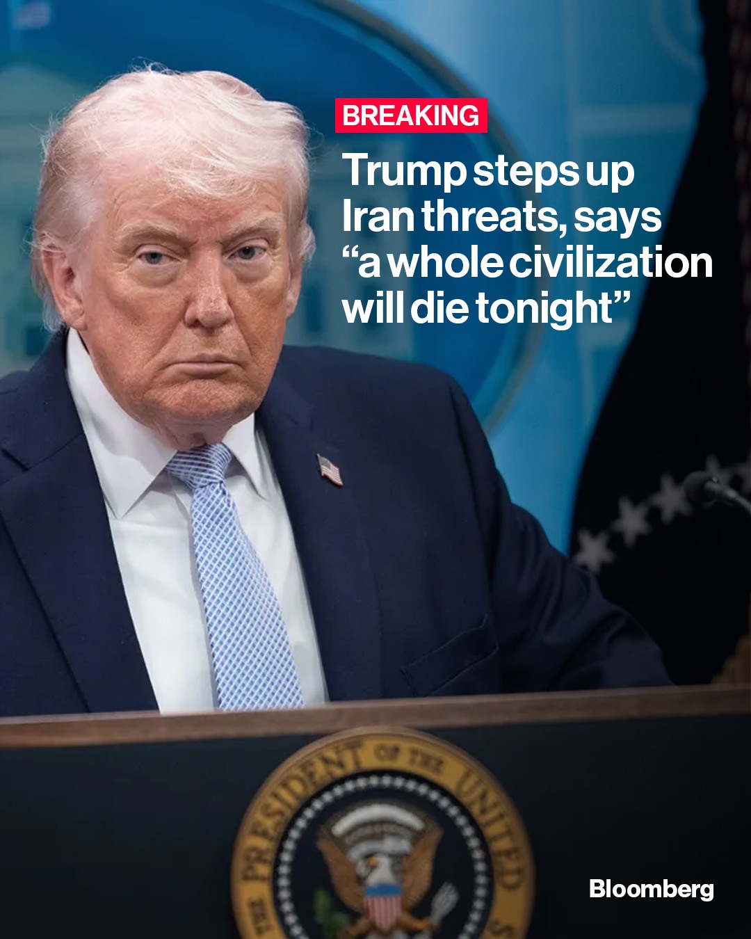 Donald Trump reiterated his threat of widespread bombing in Iran in the coming hours if Tehran does not agree to US terms to end the war there, saying on social media that "a whole civilization will die tonight, never to be brought back again." Link in bio for the latest.

📷️: Aaron Schwartz/CNP/Bloomberg