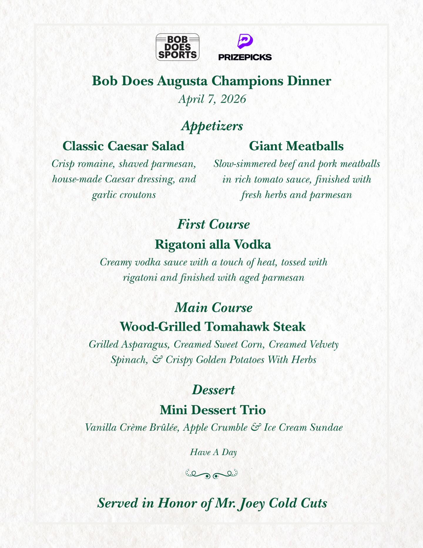 The Bob Does Sports Champions Dinner. Served in honor of @joey.coldcuts. Tonight at 5 PM on Twitch. Presented by @prizepicks