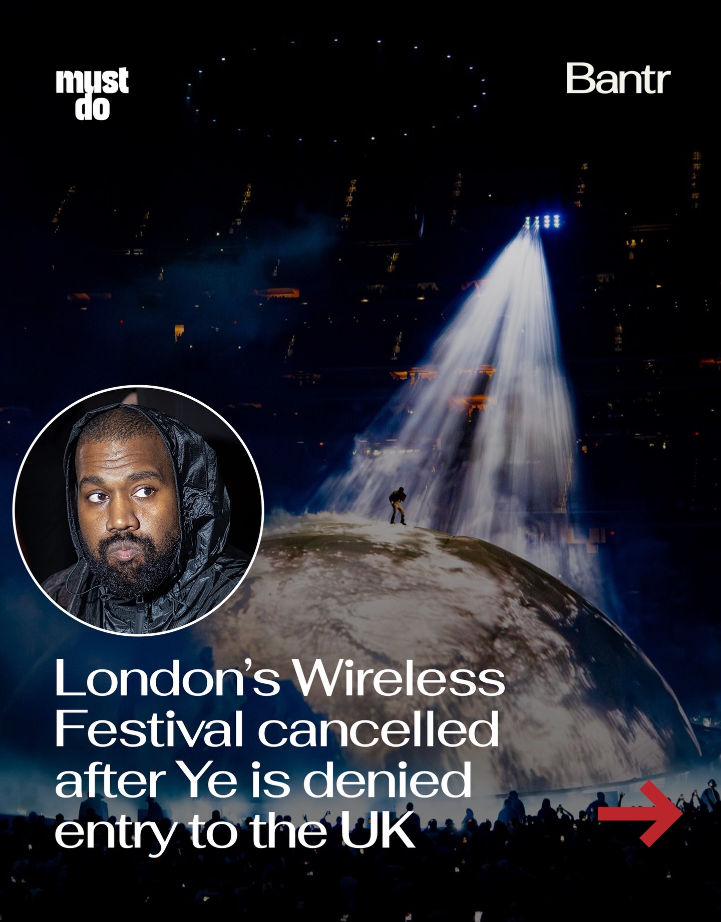 Wireless Festival has been cancelled entirely after Kanye West was denied entry into the UK.

He was set to headline all three nights this July, marking his first UK shows in 11 years.

But following backlash over past antisemitic statements and public pressure from politicians and sponsors, the UK government revoked his travel authorization — forcing organizers to pull the plug on the entire festival.

No replacement lineup. No reschedule.

Full refunds are being issued.

Media via Shutterstock/@cambamscam

#readbantr #mustdolondon #kanyewest #ye #wirelessfestival
